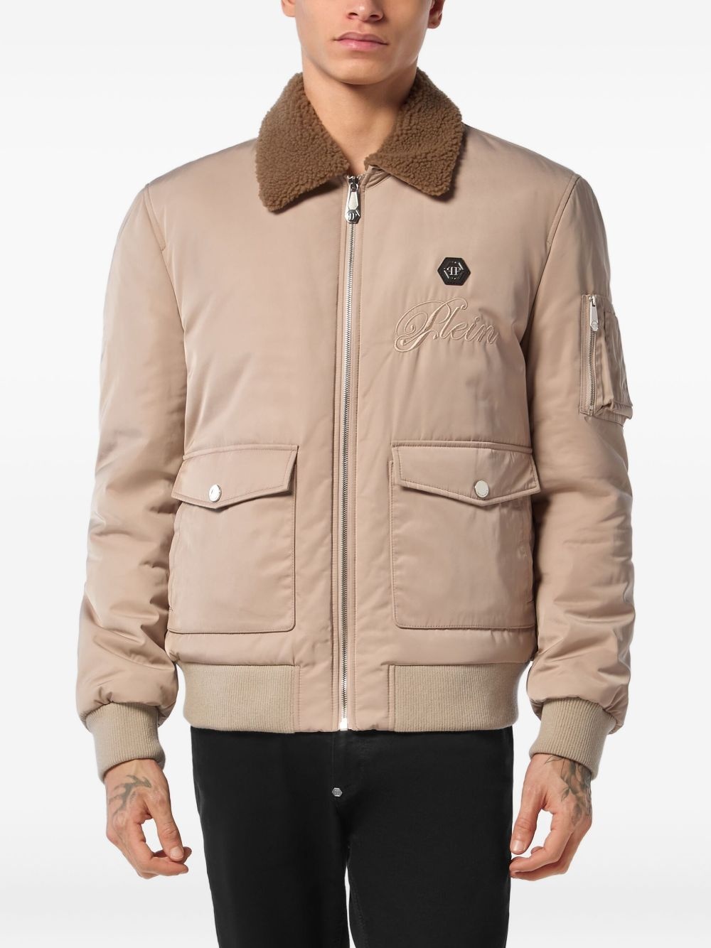 shearling-collar bomber jacket - 3
