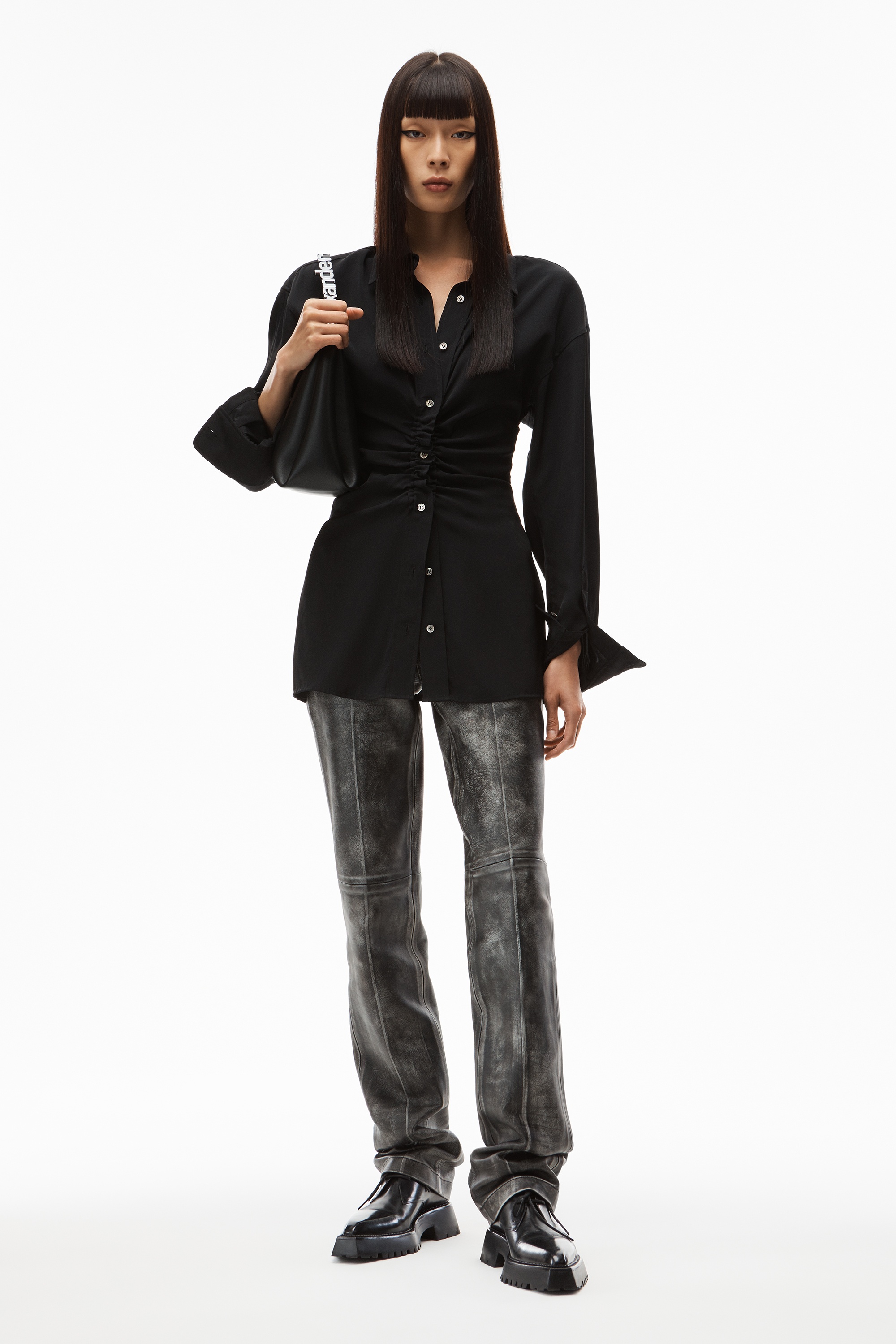 LONG-SLEEVE RUCHED FRONT SHIRT IN TWILL - 6