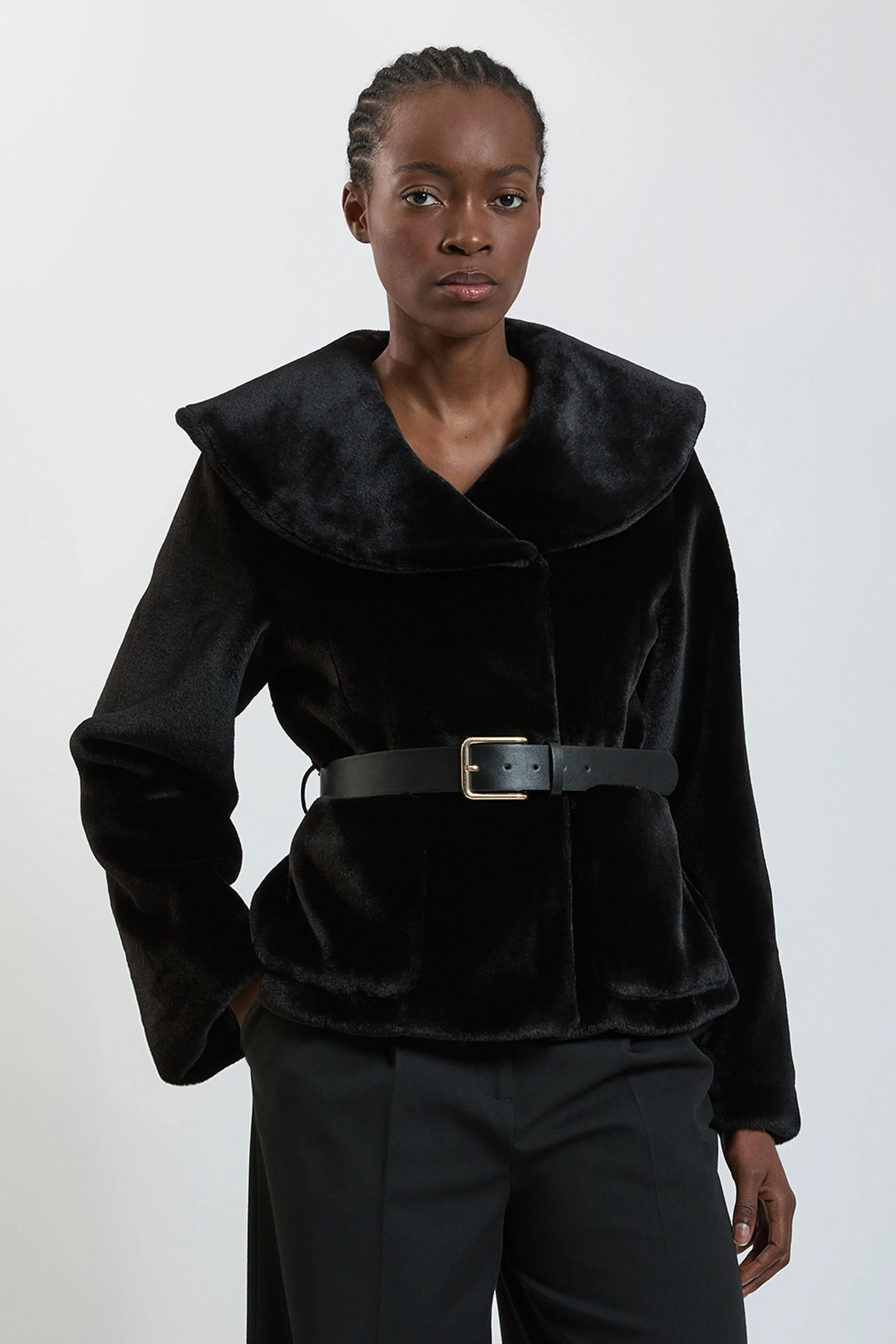 Faux Fur Oversize Collar Belted Short Coat - 1