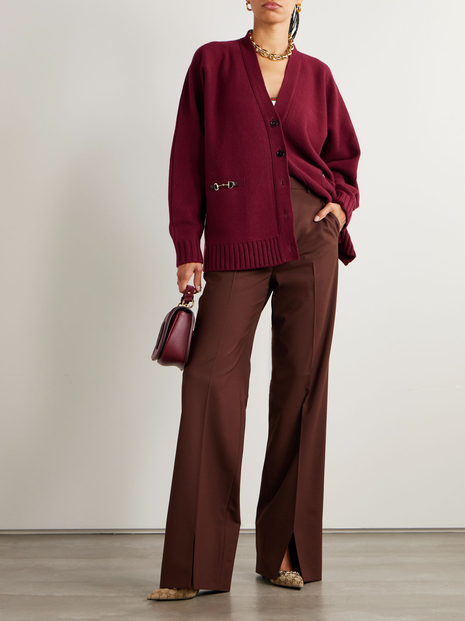 Horsebit-detailed wool and cashmere-blend cardigan Red - 2