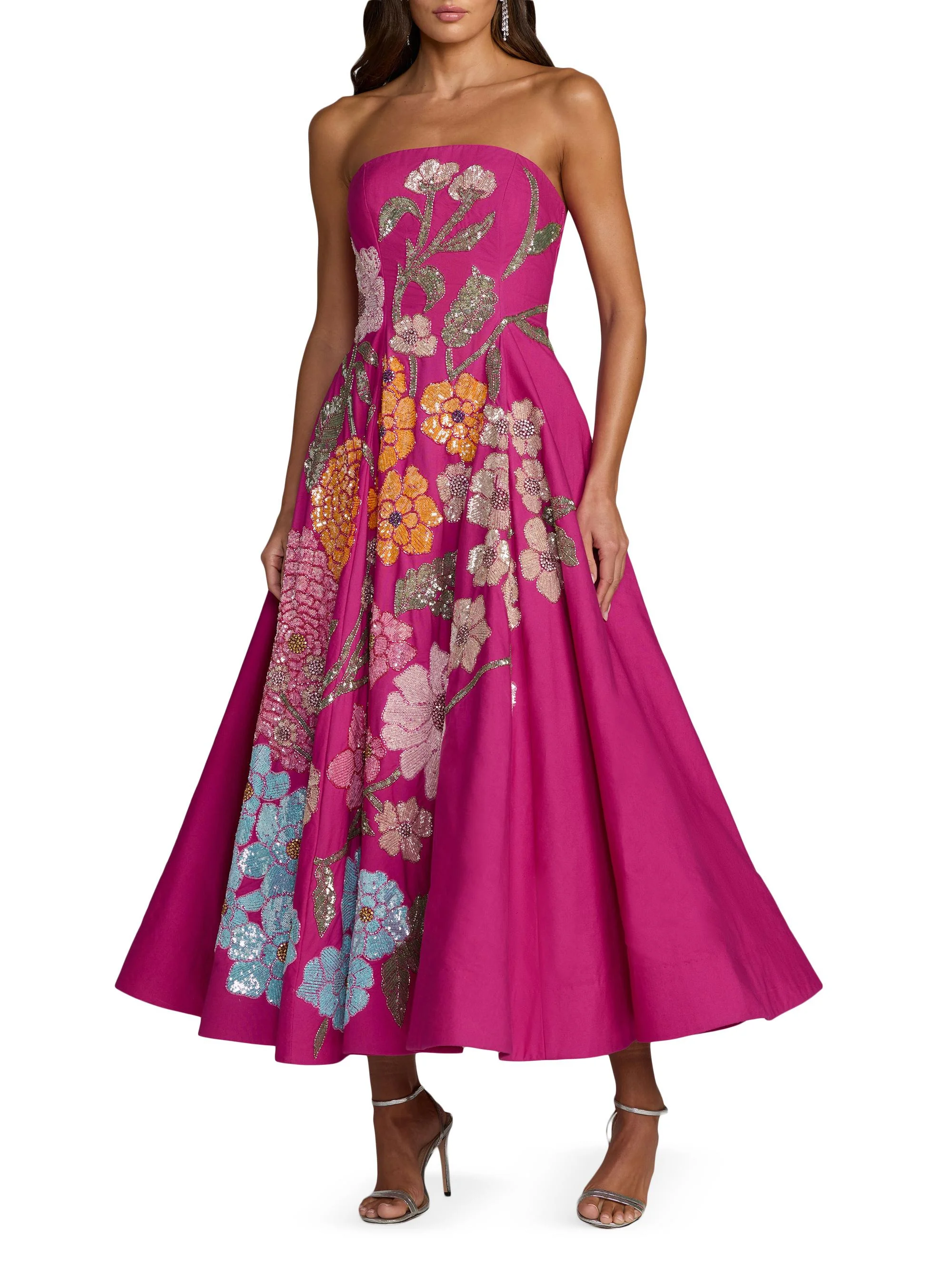 Women's Floral Beaded Strapless A-Line Midi-Dress - Hot Pink Multi - 1