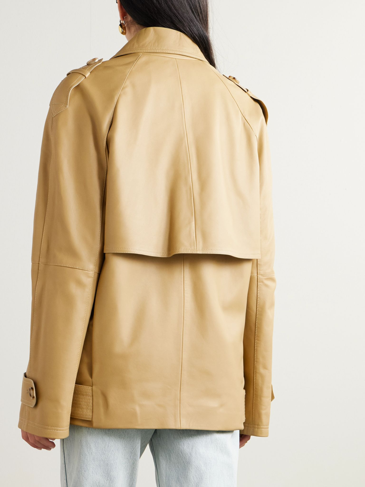 Double-breasted belted layered leather jacket Sand - 4