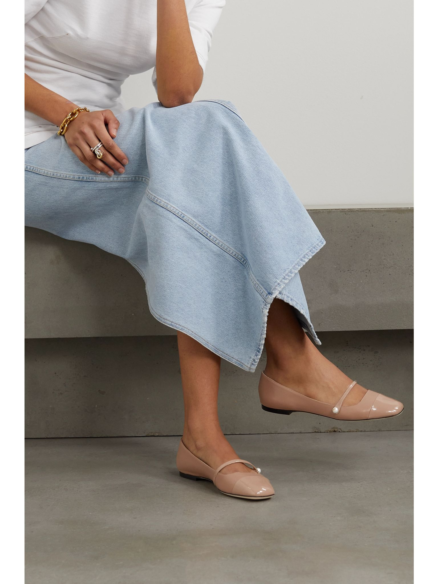 Elisa embellished patent-trimmed leather Mary Jane flats Beige - 2