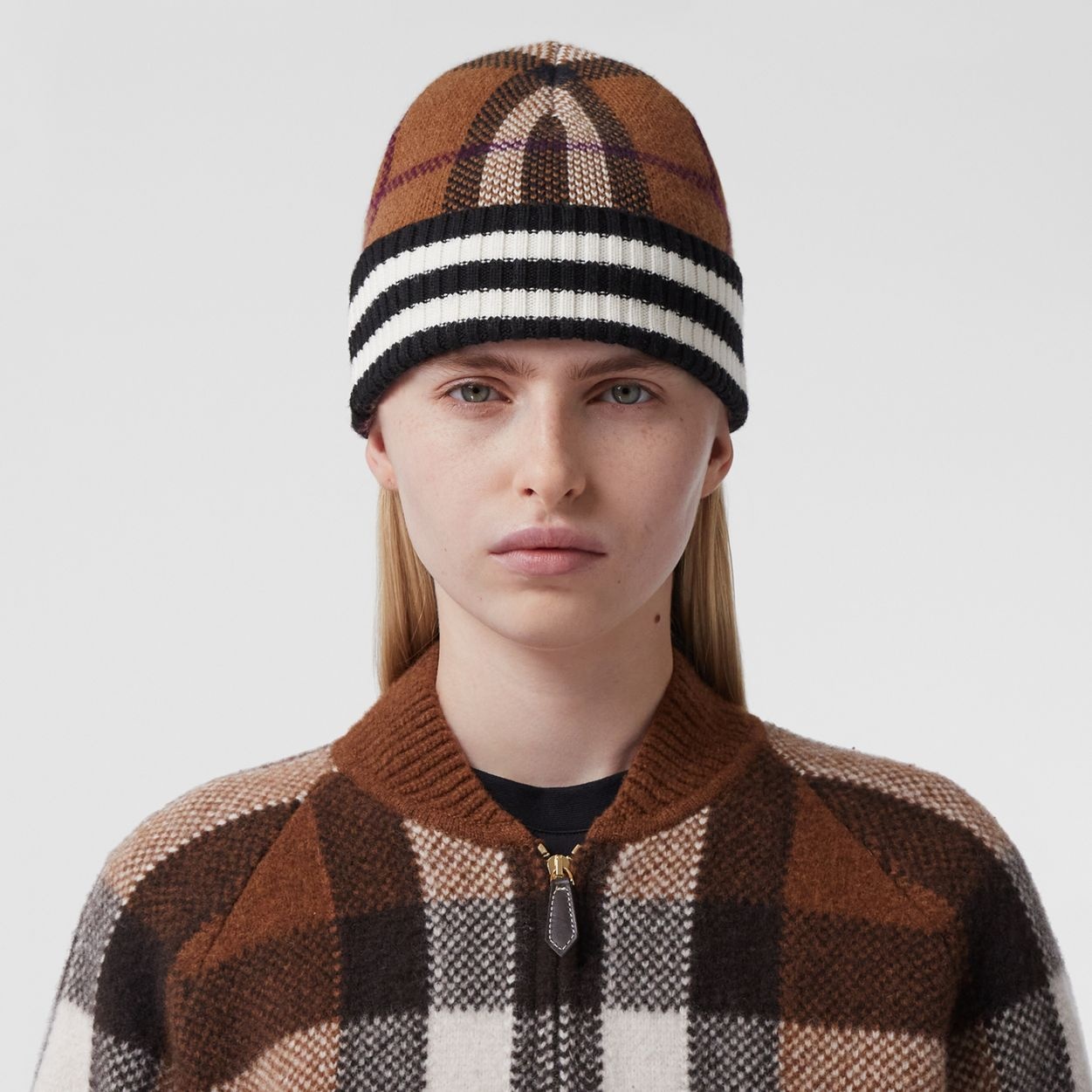 Stripe Detail Check Cashmere Beanie - 3