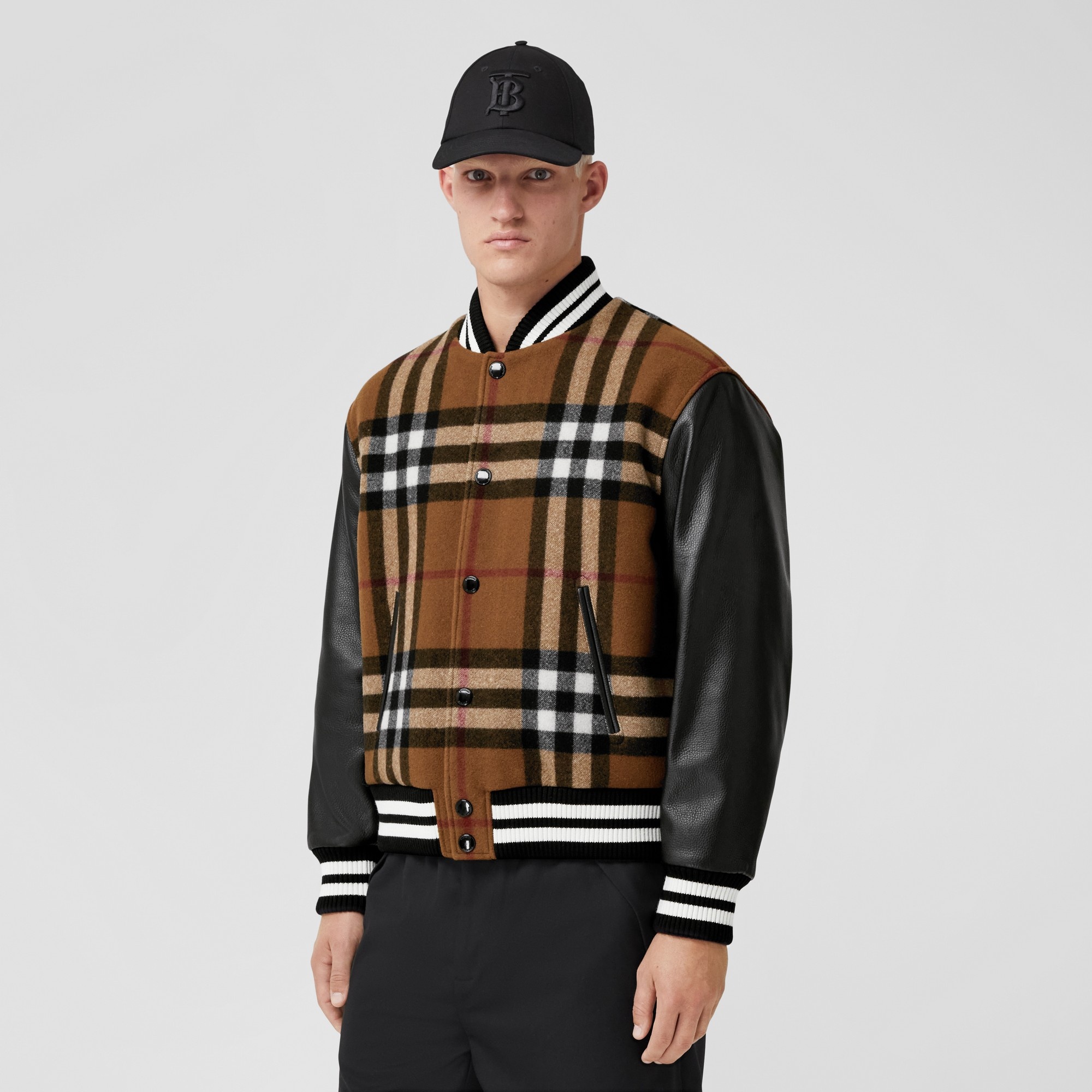 Check Technical Wool and Leather Bomber Jacket - 6