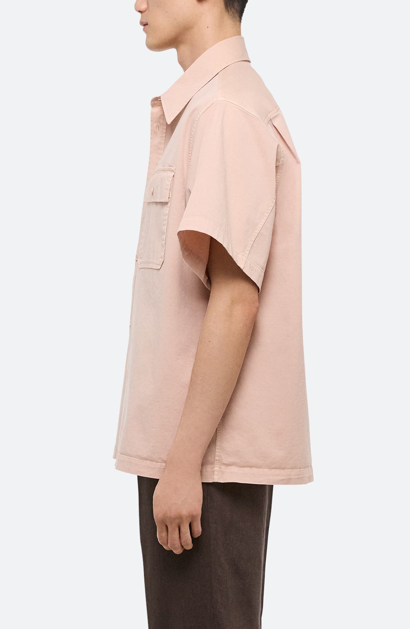 Helmut Lang GD Uniform Short Sleeve Stretch Twill Button Up Shirt in Salmon at Nordstrom - 4