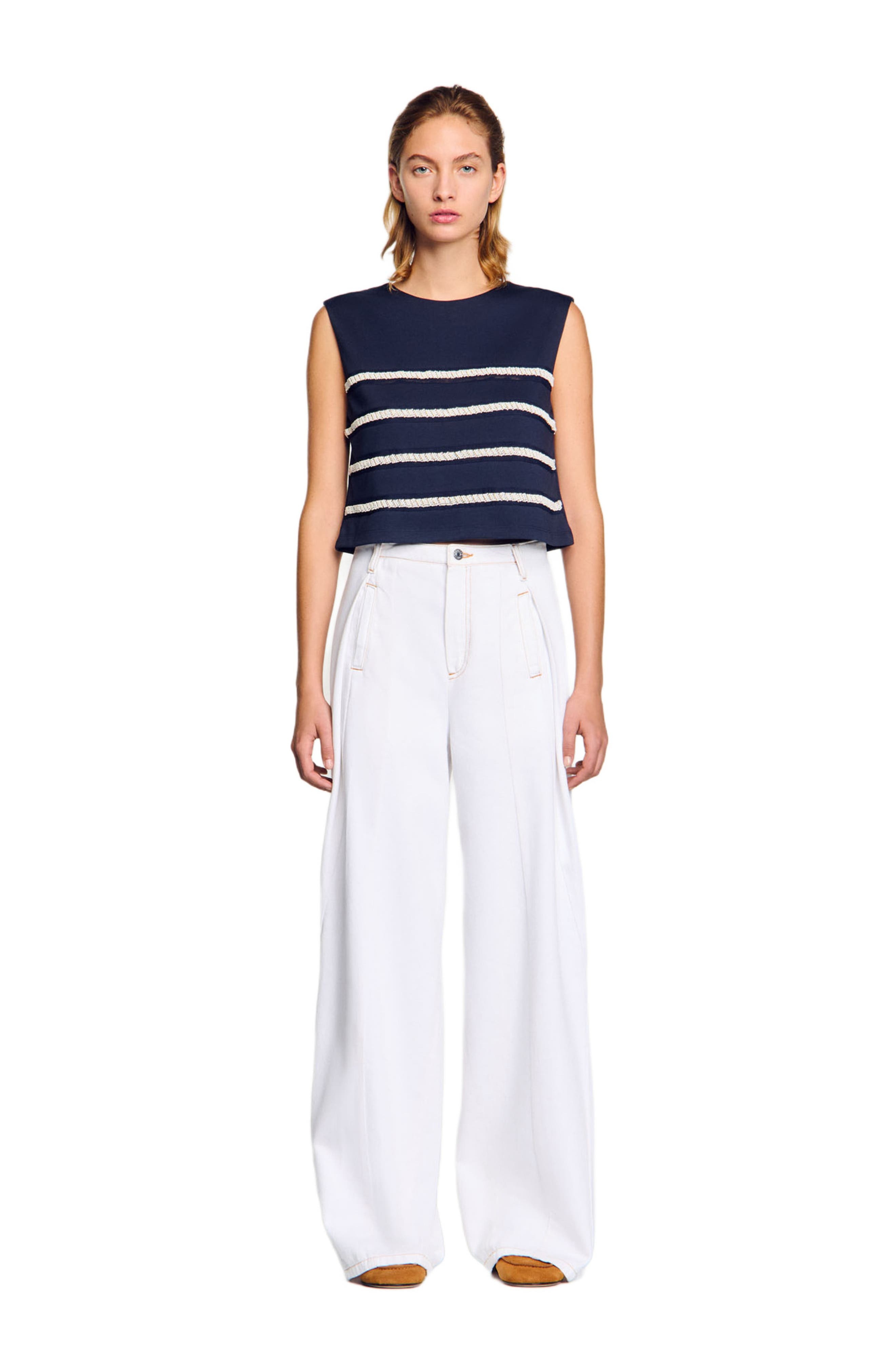 SANDRO Sleeveless striped T-shirt in Navy Blue at Nordstrom - 1
