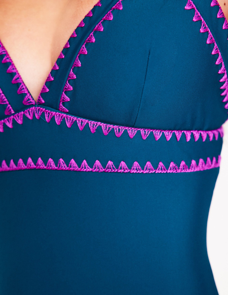 Kasos String V Neck Swimsuit-Oceanside, Very Fuchsia 4