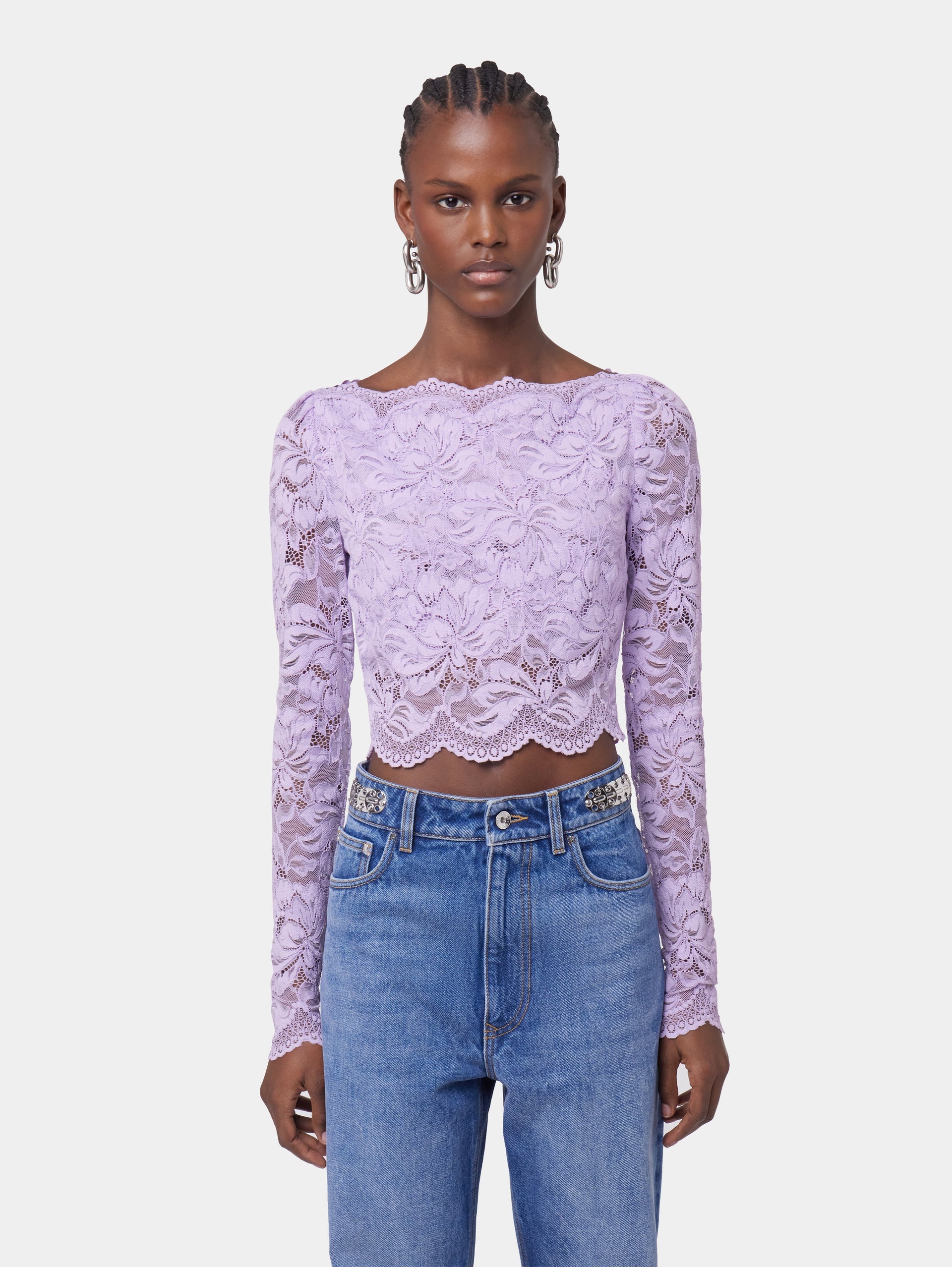 LAVENDER LONG-SLEEVED CROP TOP IN LACE - 2