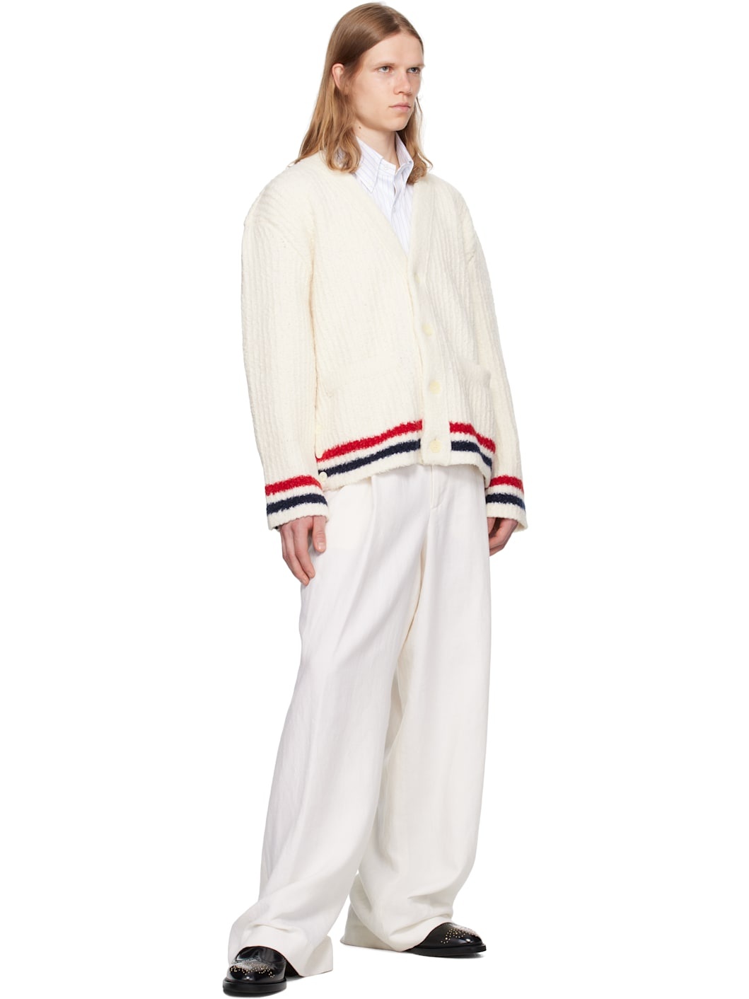 White Chunky Rib Stitch V Neck Cardigan - 4