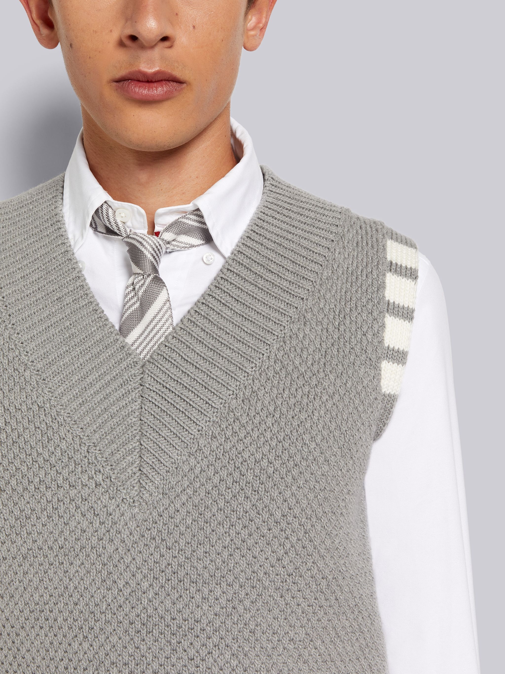 Light Grey Seed Stitch Cotton 4-Bar V-Neck Vest - 5