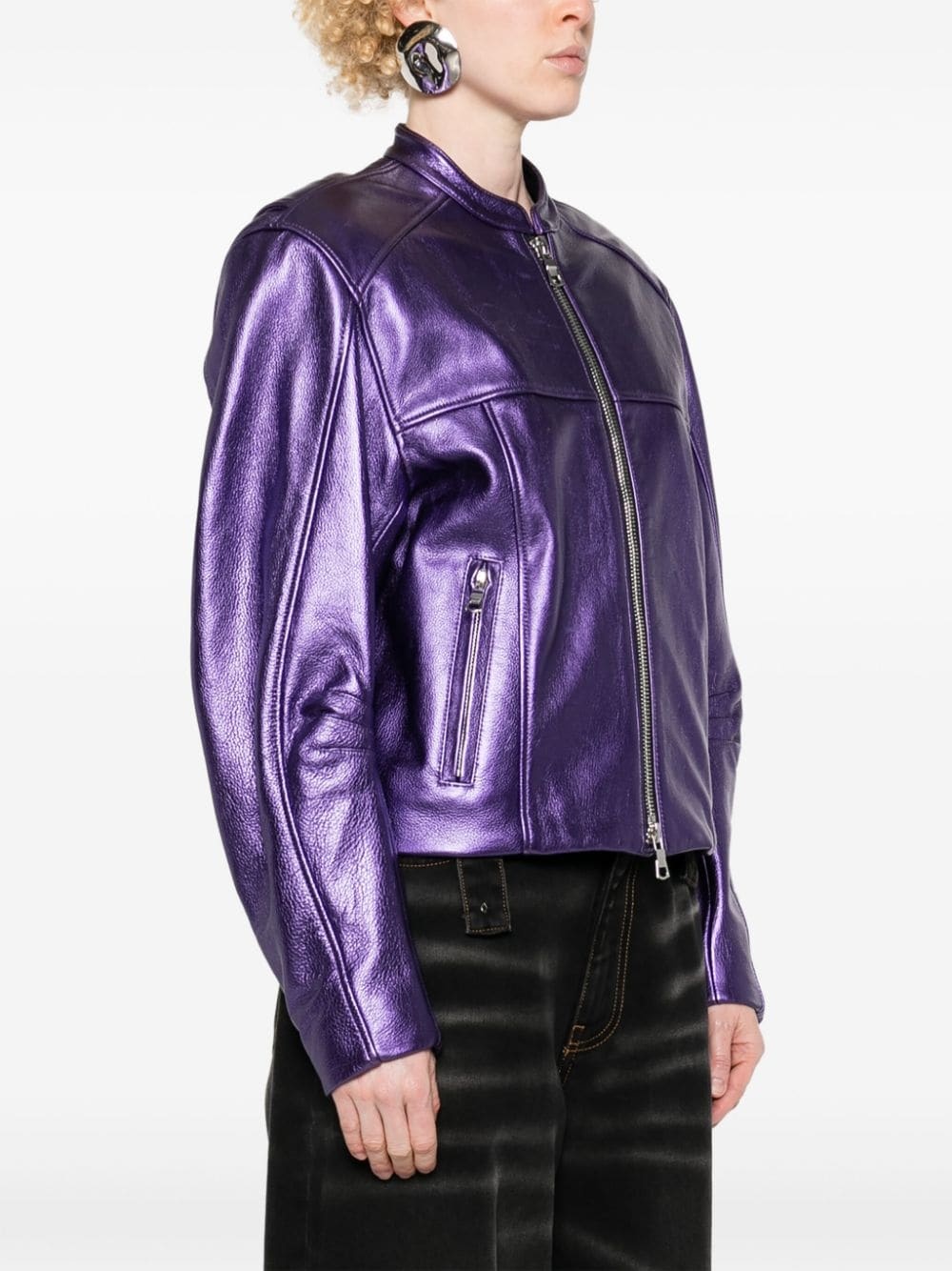 metallic leather bomber jacket - 3