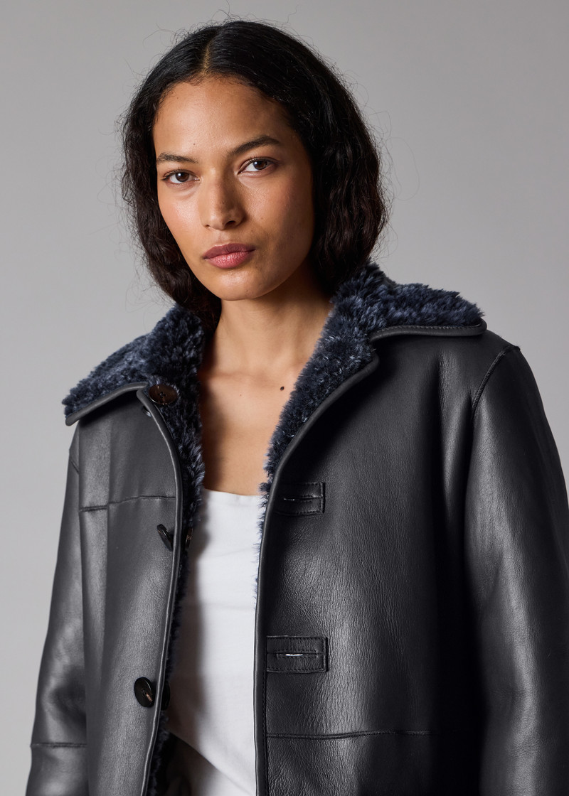 Women's Navy Reversible Leather and Shearling Coat 16