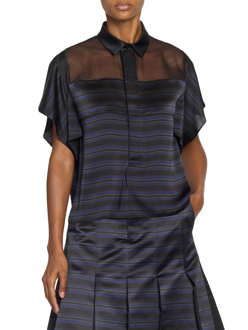 Women's Striped Sheer Yoke Shirt - Black Navy 3