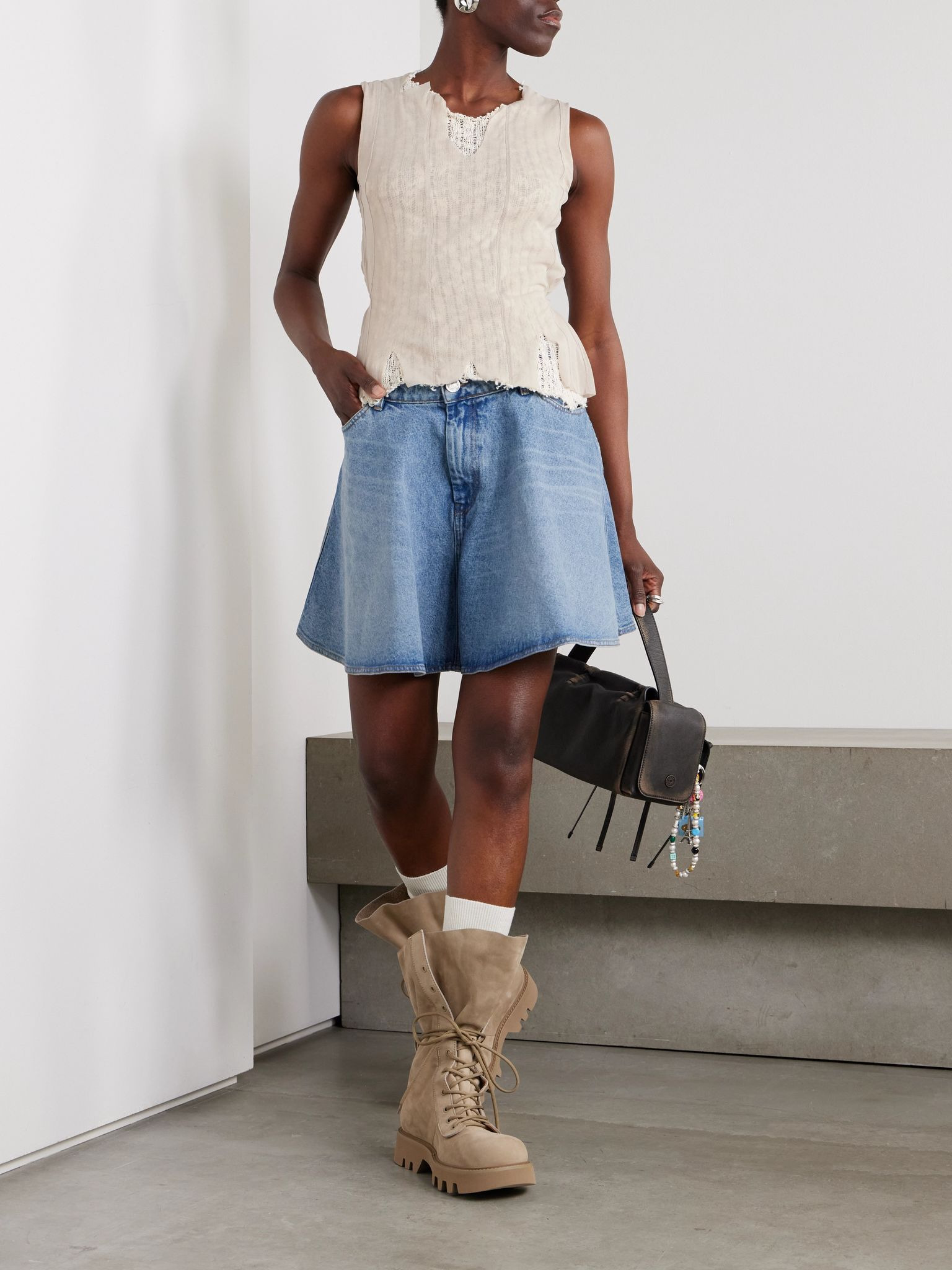 Ragged distressed mesh and cotton-blend crochet tank Beige - 2