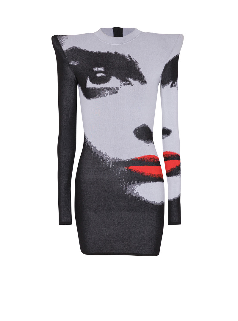 Jacquard knit dress with Face motif 1