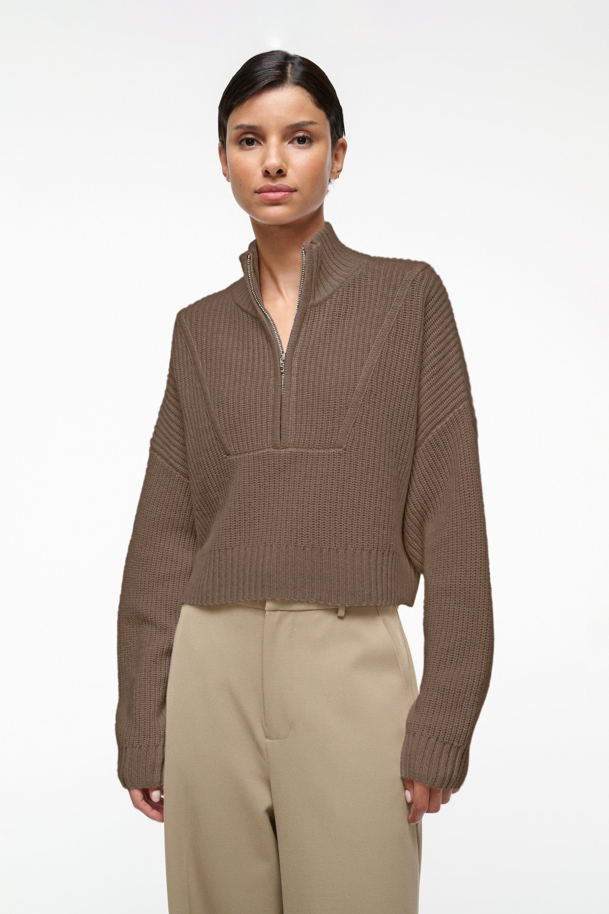 STAUD CASHMERE CROPPED HAMPTON SWEATER TRUFFLE - 2