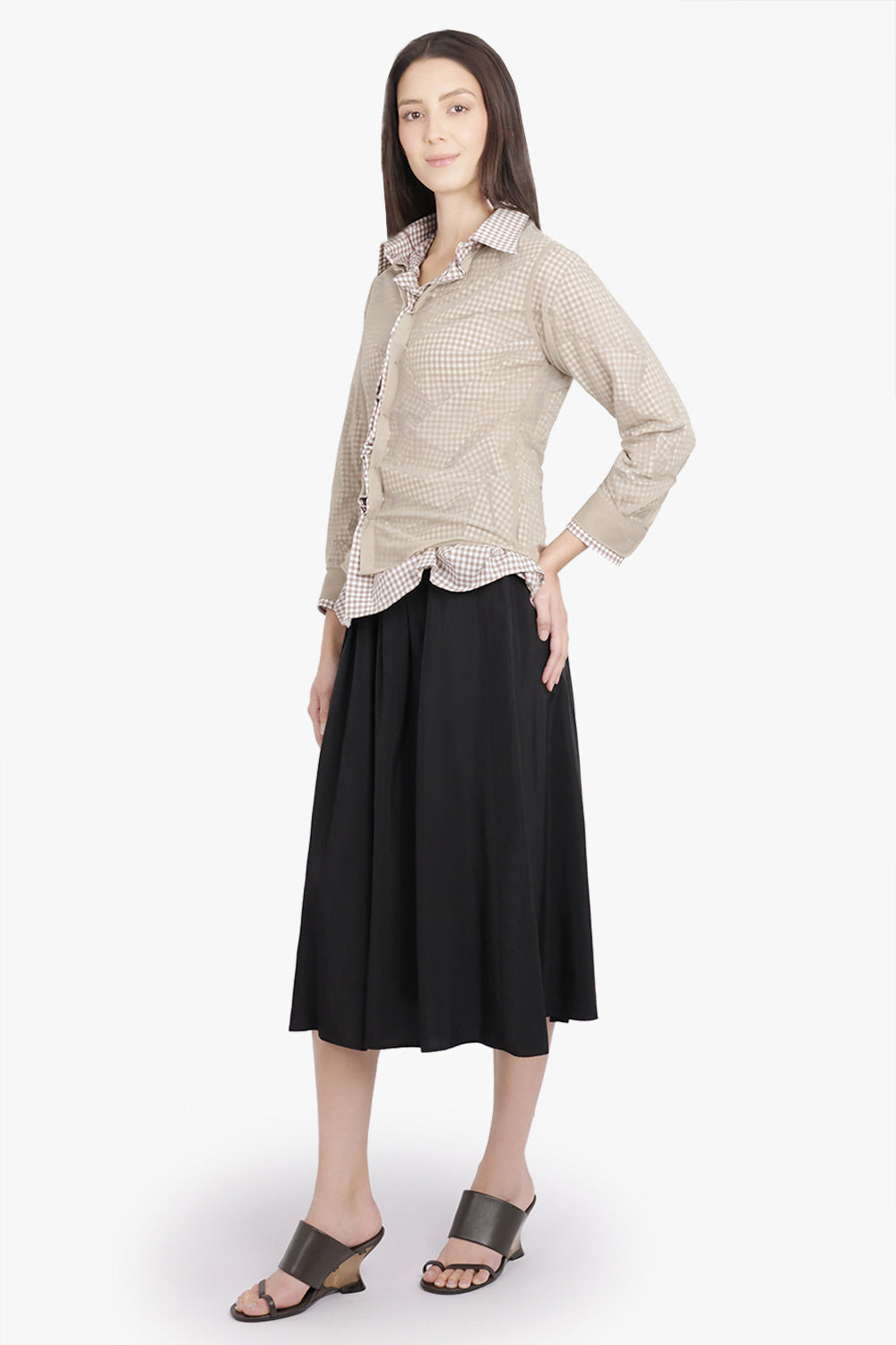 LAYERED L/S SHIRT WITH CHECK RUCHING DETAIL | CAMEL/WHITE - 7