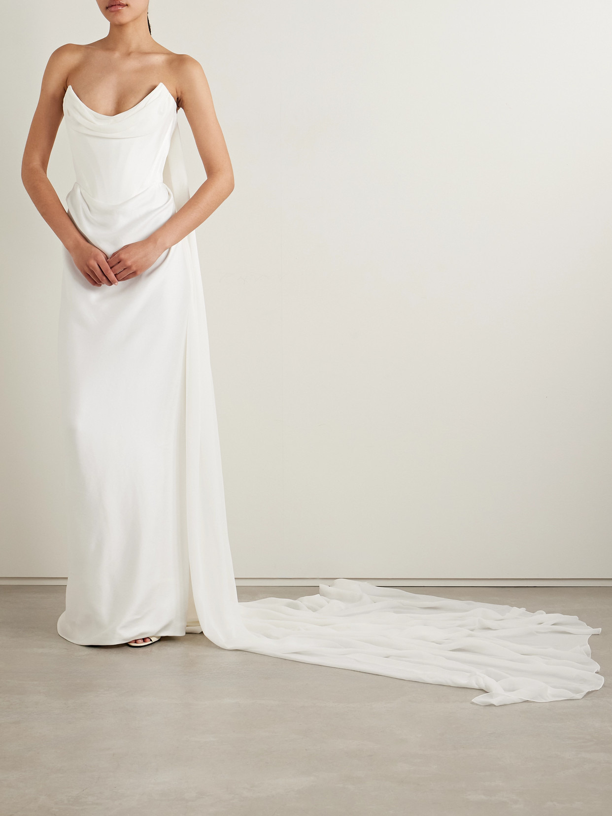 Galaxy Cape-effect Strapless Organic Silk Chiffon-trimmed Satin Gown - 4