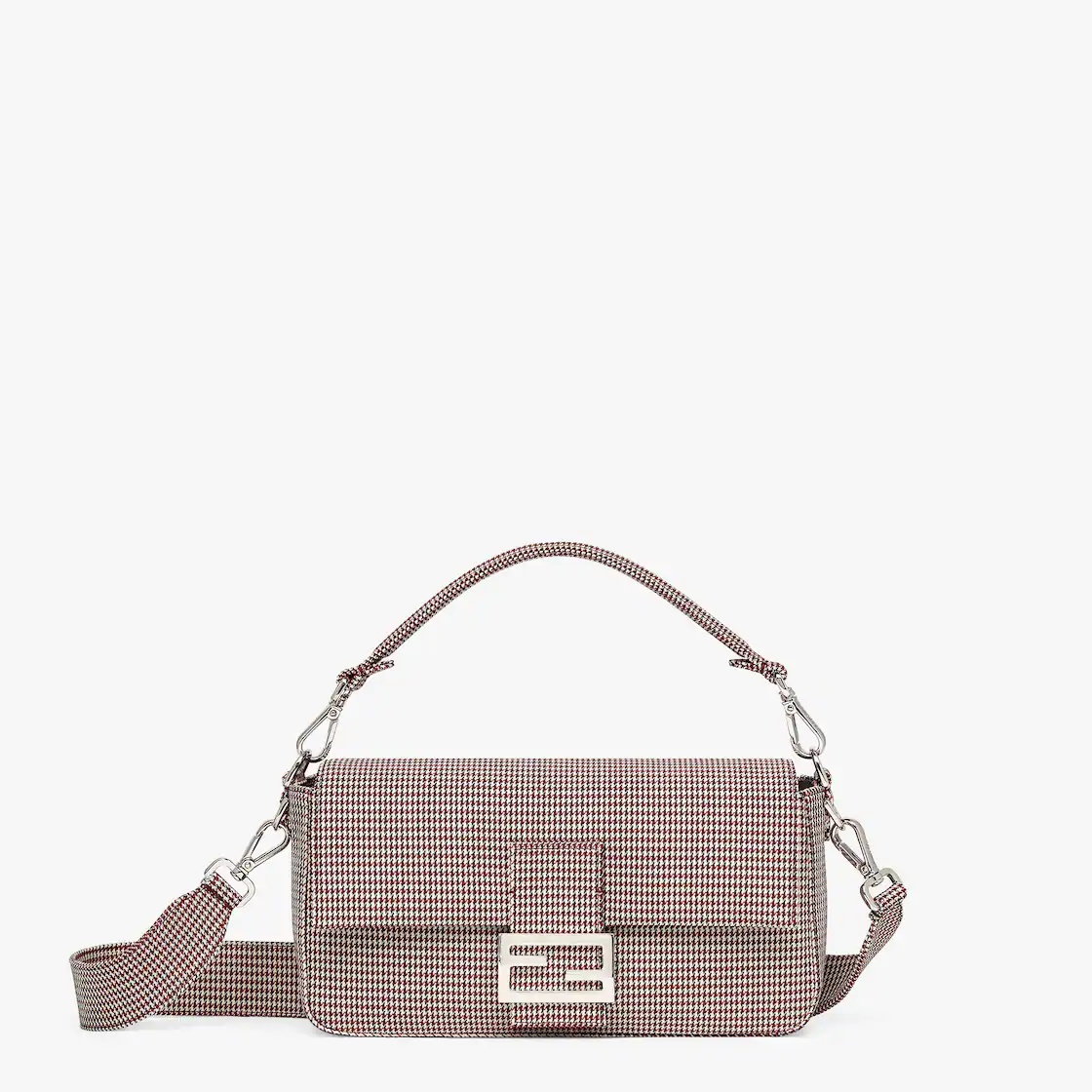 Baguette made of fabric with houndstooth motif in white and red, with square flap and FF magnetic cl - 1
