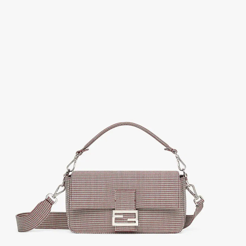 Baguette made of fabric with houndstooth motif in white and red, with square flap and FF magnetic cl 1