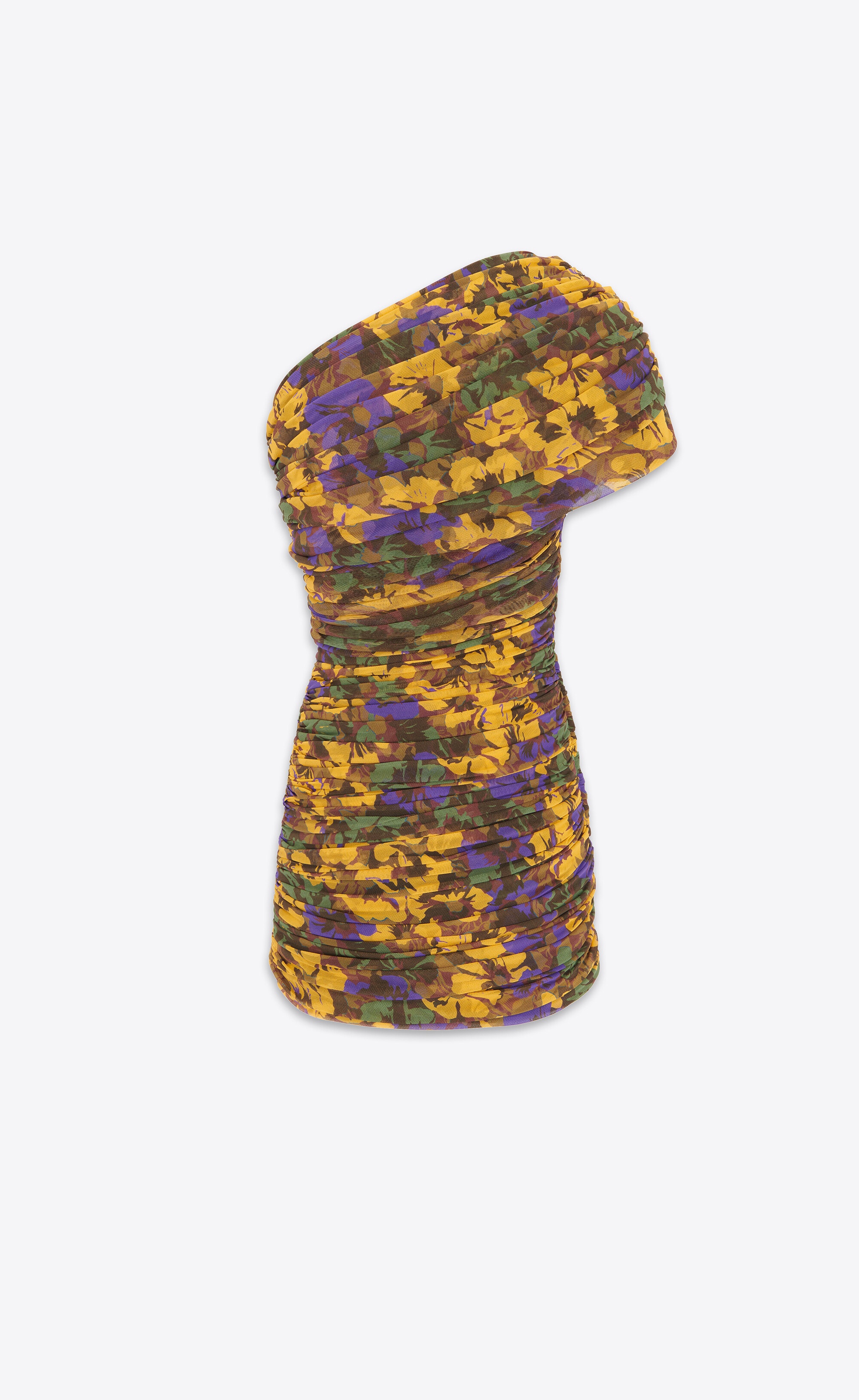 ruched one-shoulder dress in floral tulle - 1