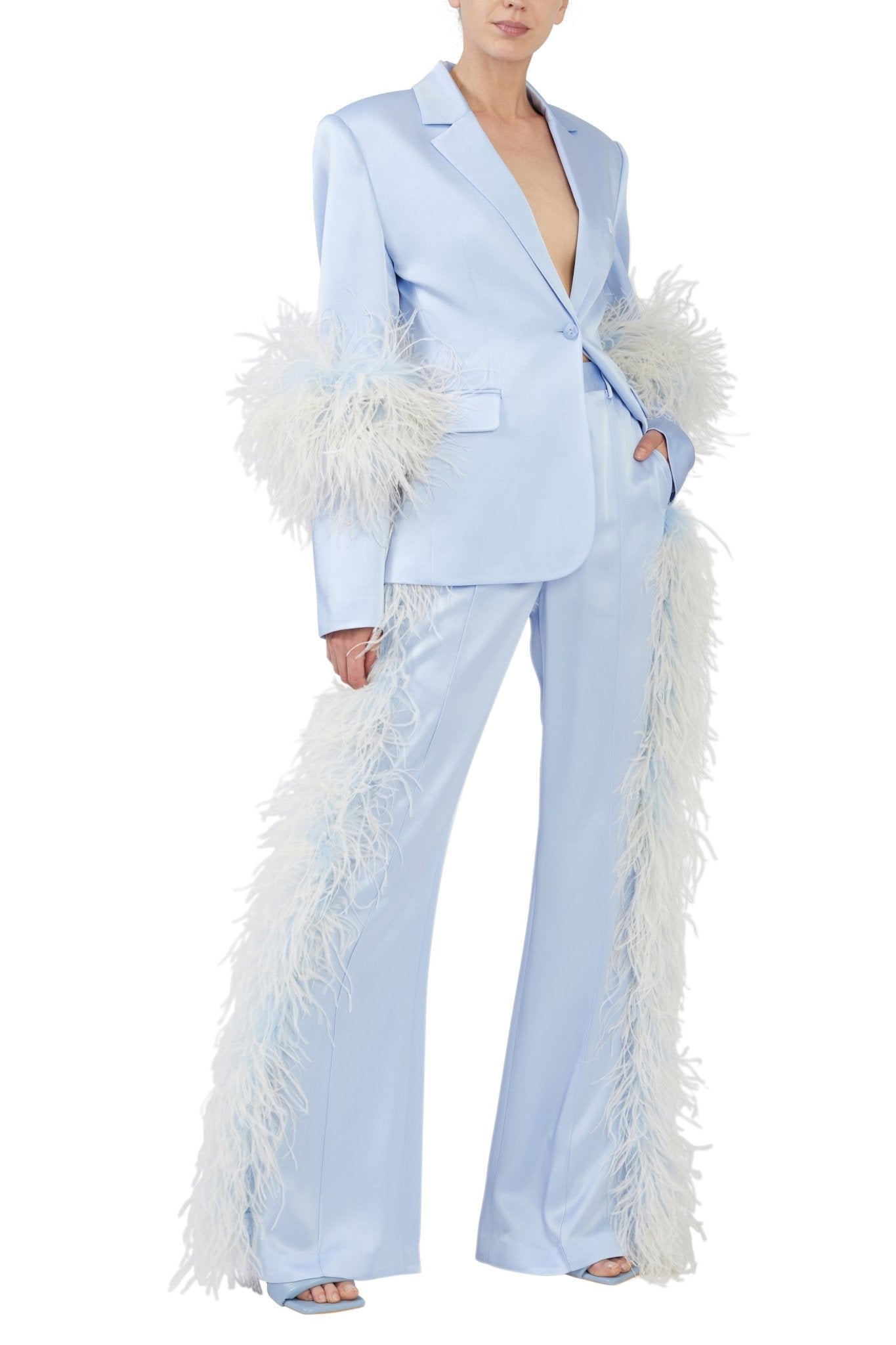 Satin High Waisted Flared Pant With Feathers - 3