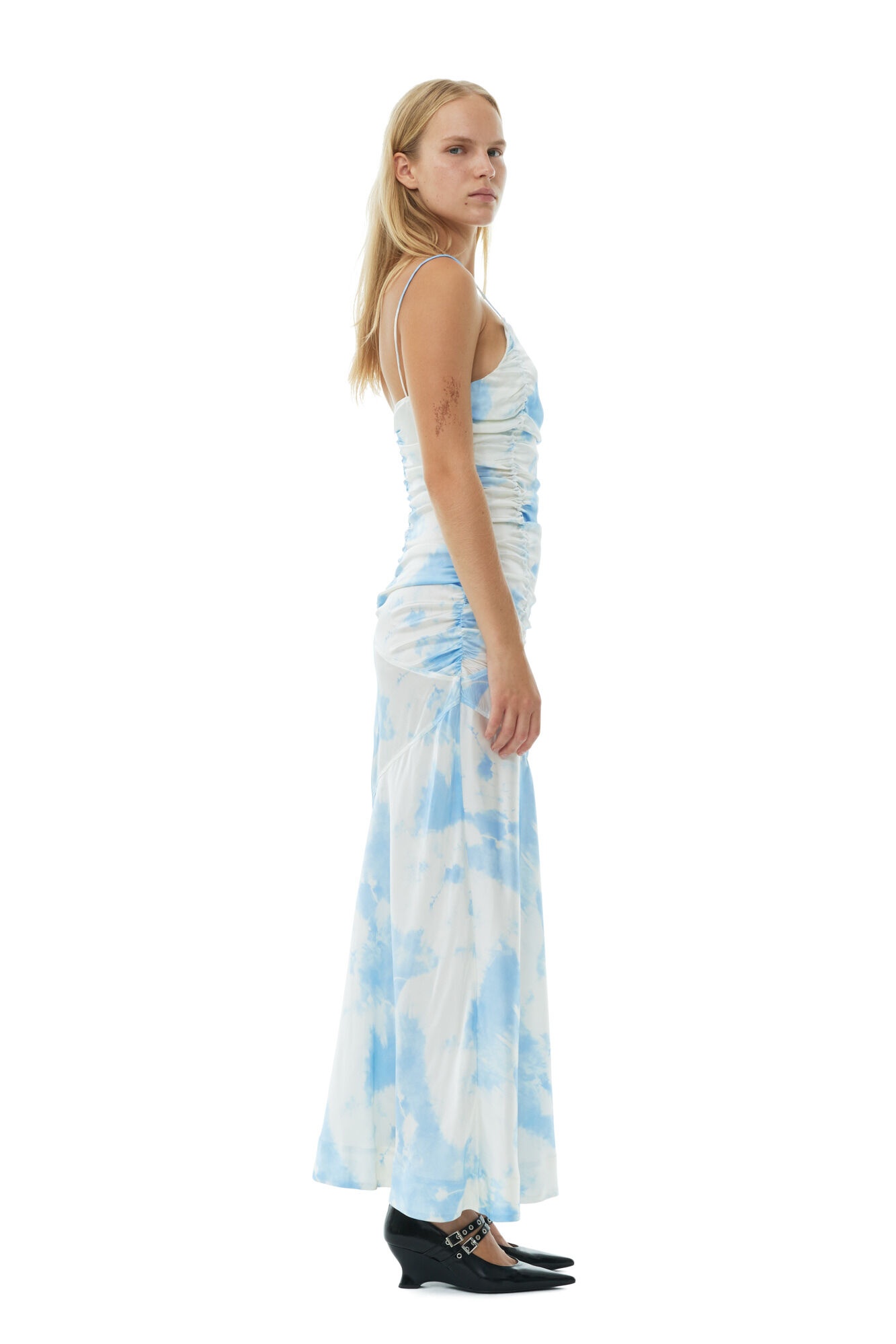 BLUE PRINTED SATIN RUCHED LONG SLIP DRESS - 4