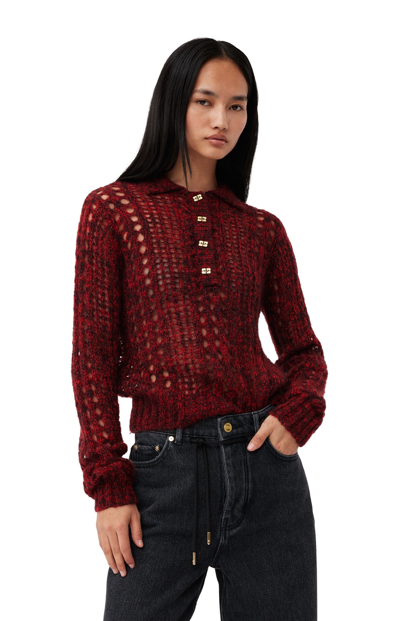 RED MOHAIR LACE POLO SWEATER - 3