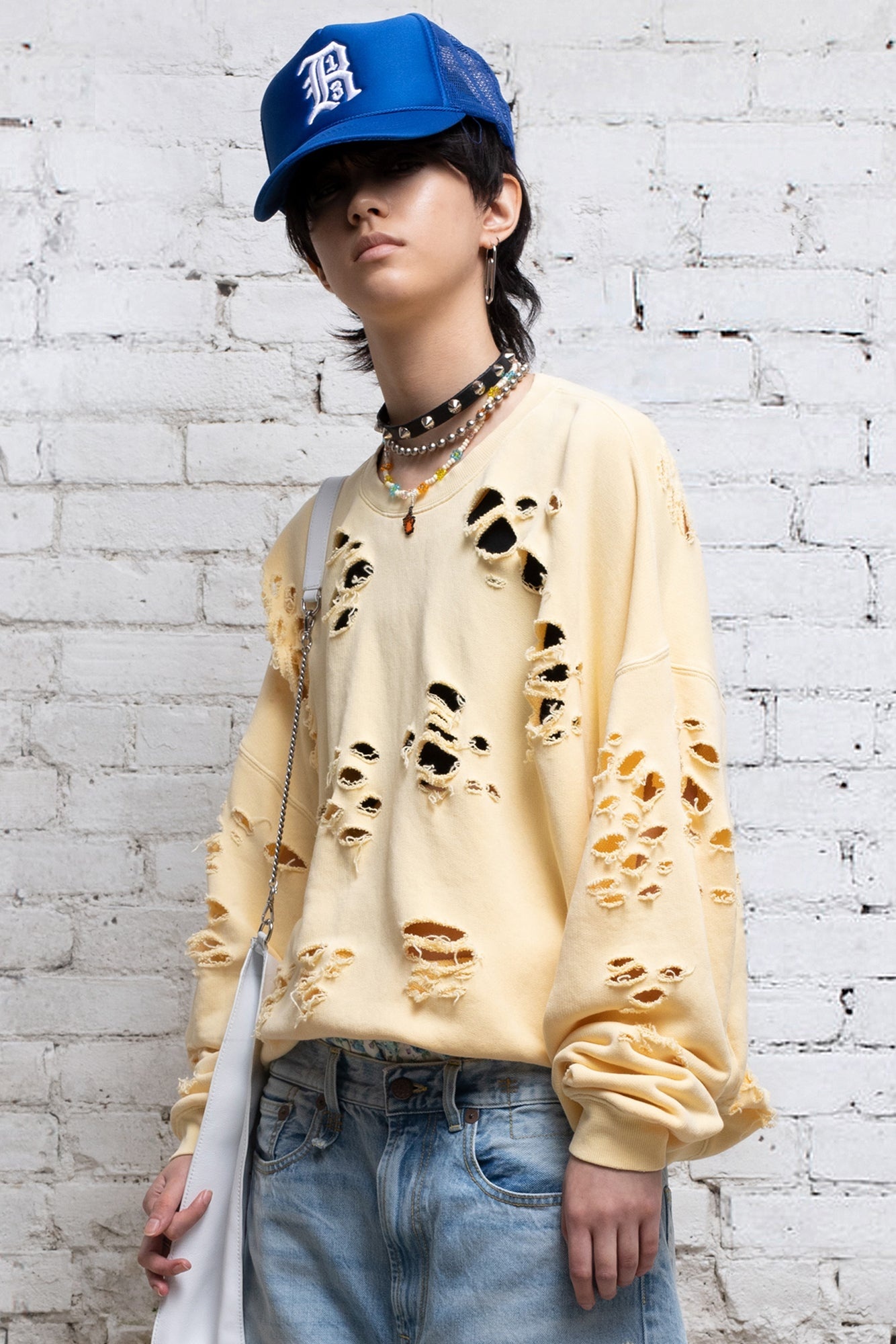 Distressed Oversized Crewneck - Yellow | R13 Denim Official Site - 1