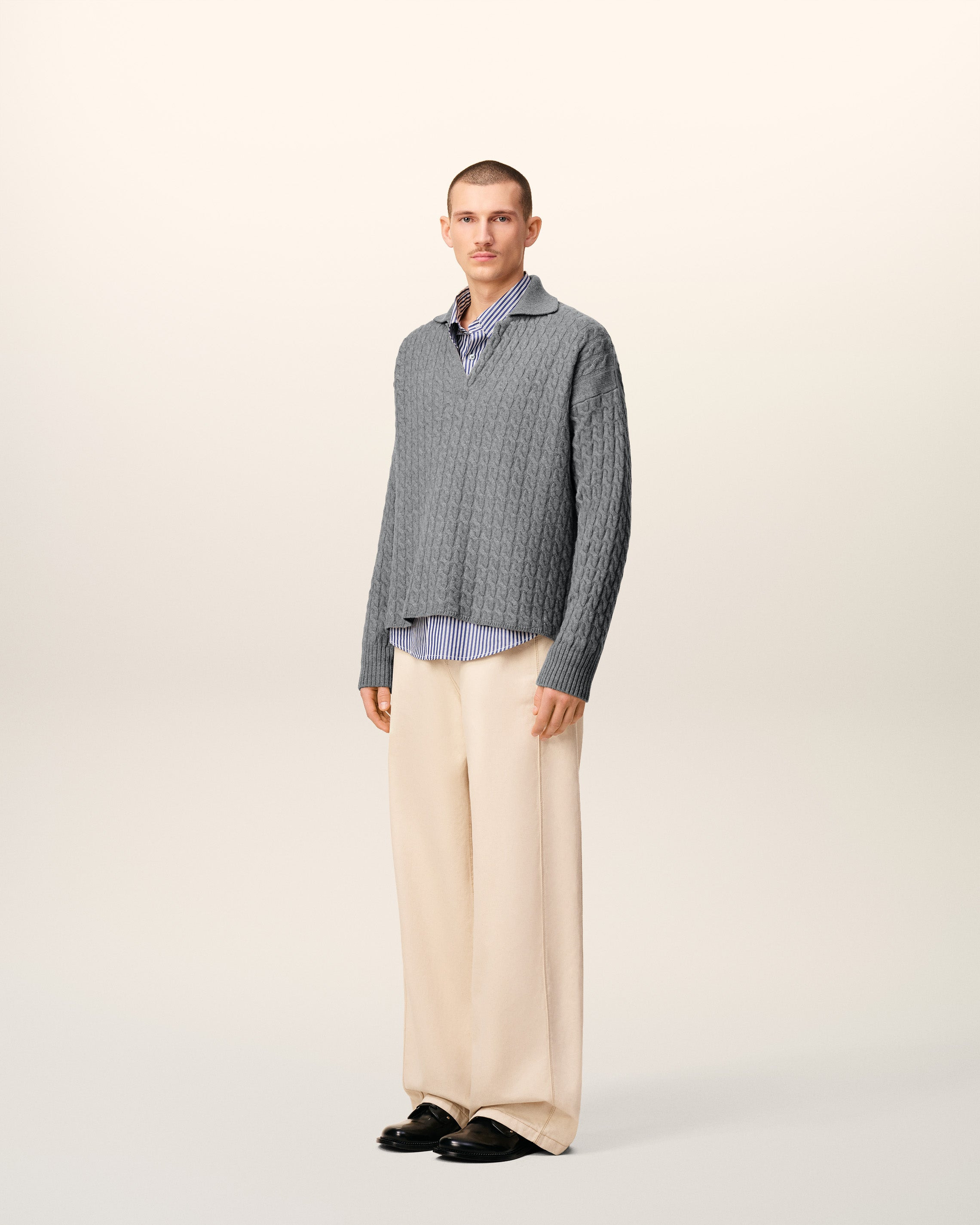 GREY WOOL CABLES KNIT POLO - 6
