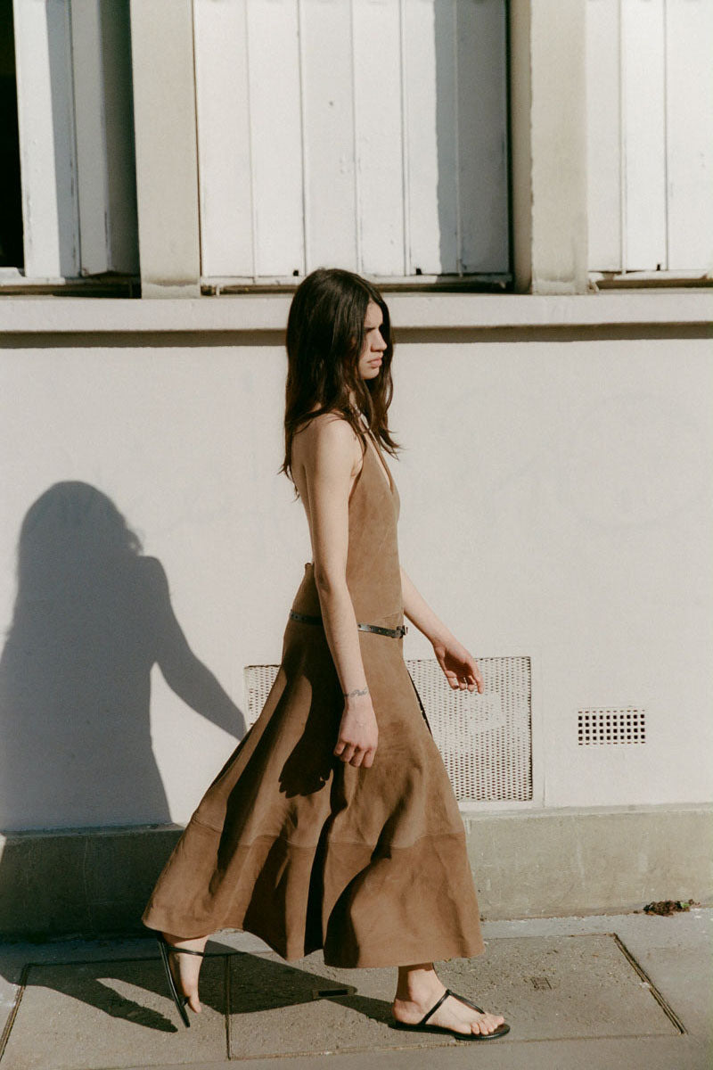 Suede Halter Plunge Dress - Toffee - 10