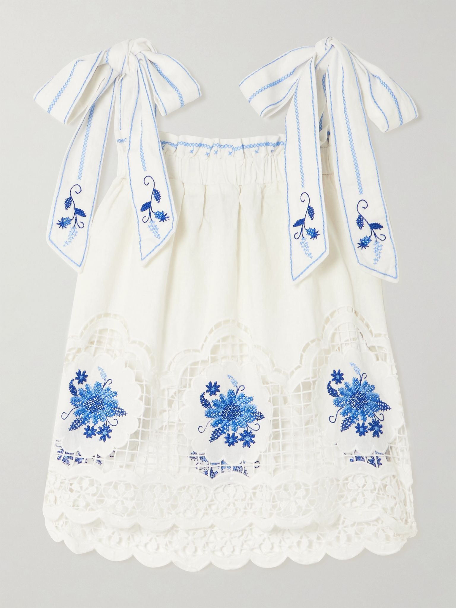 Daisy embroidered linen-blend gauze and lace top White - 1