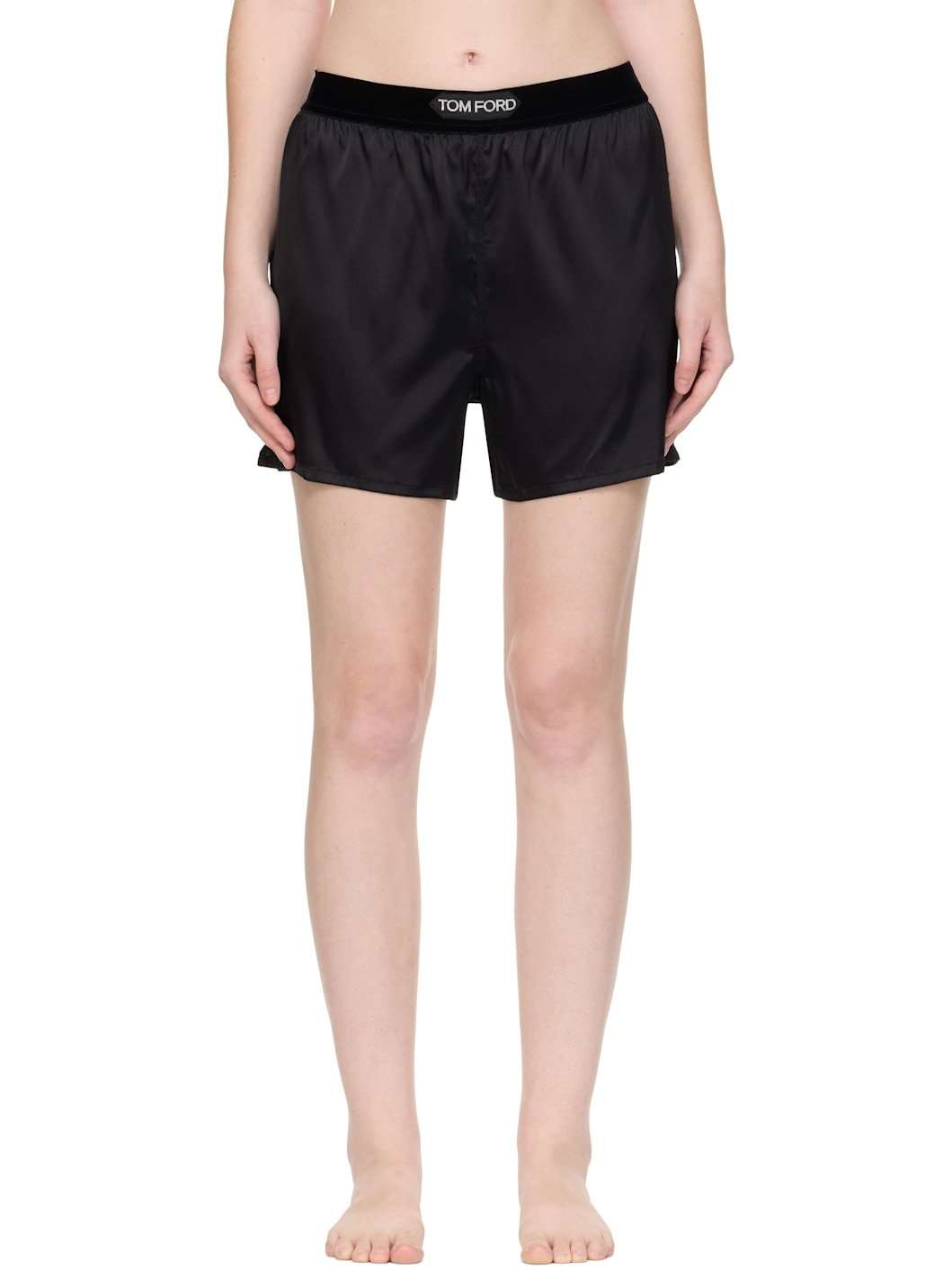 Black Stretch Silk Satin Boxer Shorts - 1