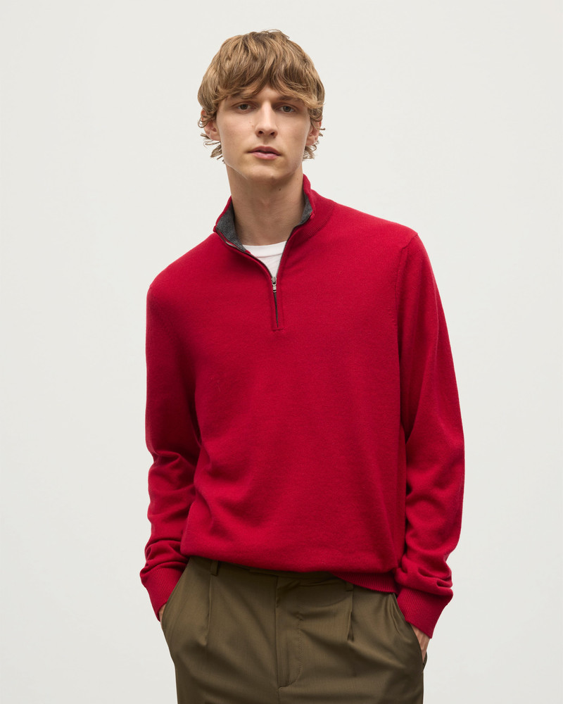 Johnstons of Elgin Rory Red & Grey Classic Cashmere Contrast Zip Neck Jumper outlook