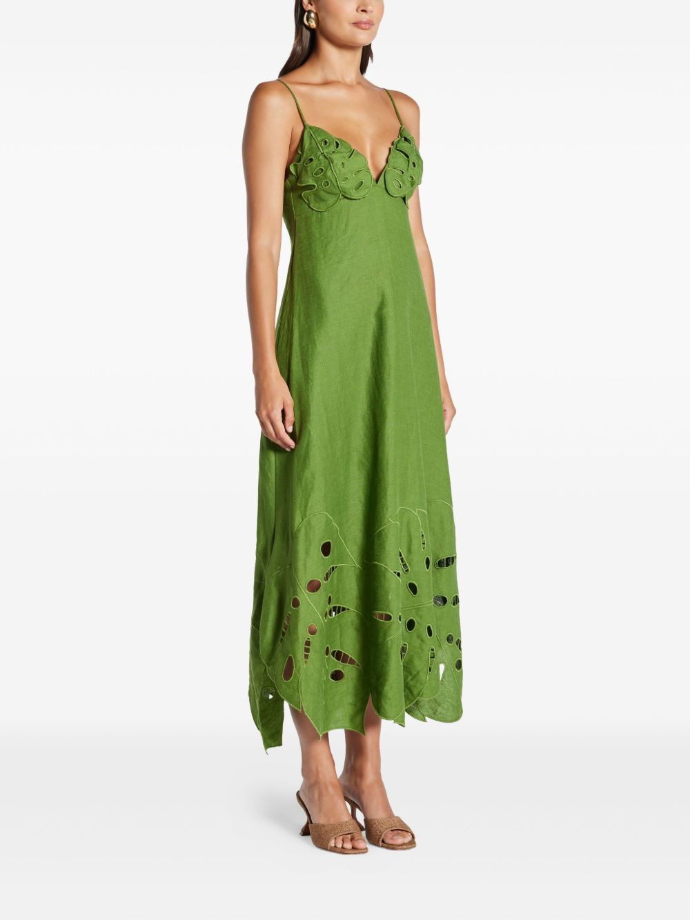 leaf-applique linen midi dress - 2
