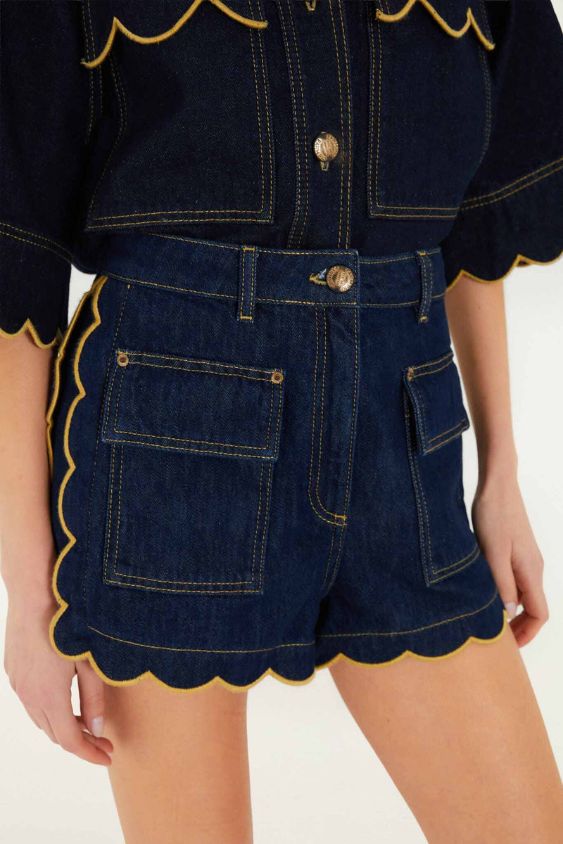 FARM RIO Dark Denim Pockets Wavy Hem Shorts outlook