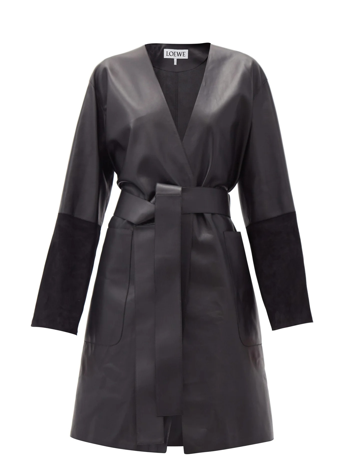 Suede-panelled leather wrap coat - 1