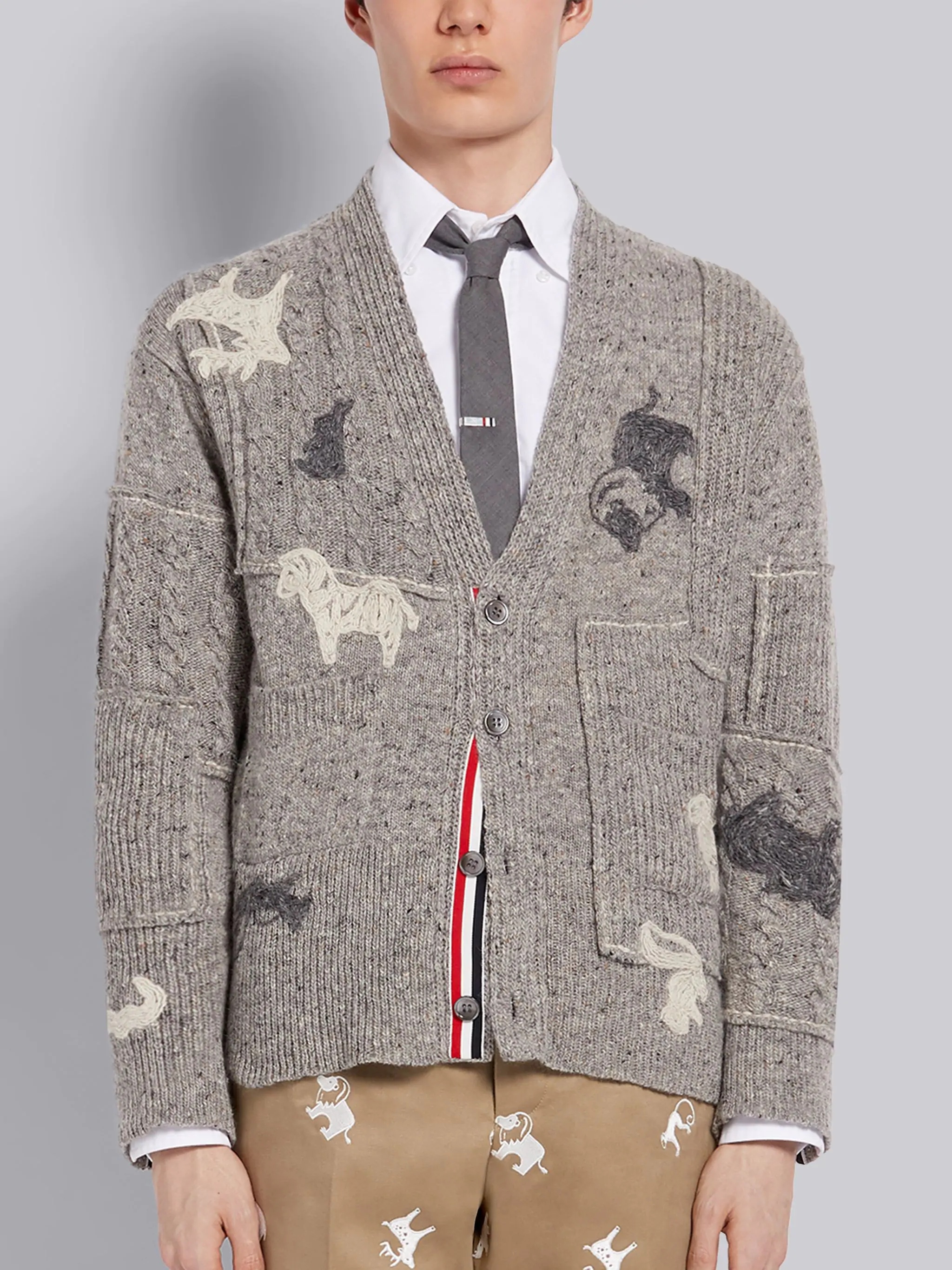 Light Grey Wool Mohair Tweed Hand Embellished Animal Icon V-Neck Cardigan - 1