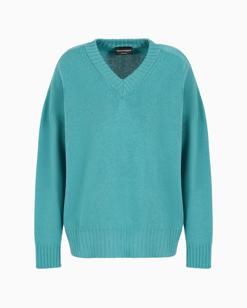 Plain-knit, virgin-wool, seamless V-neck jumper 1