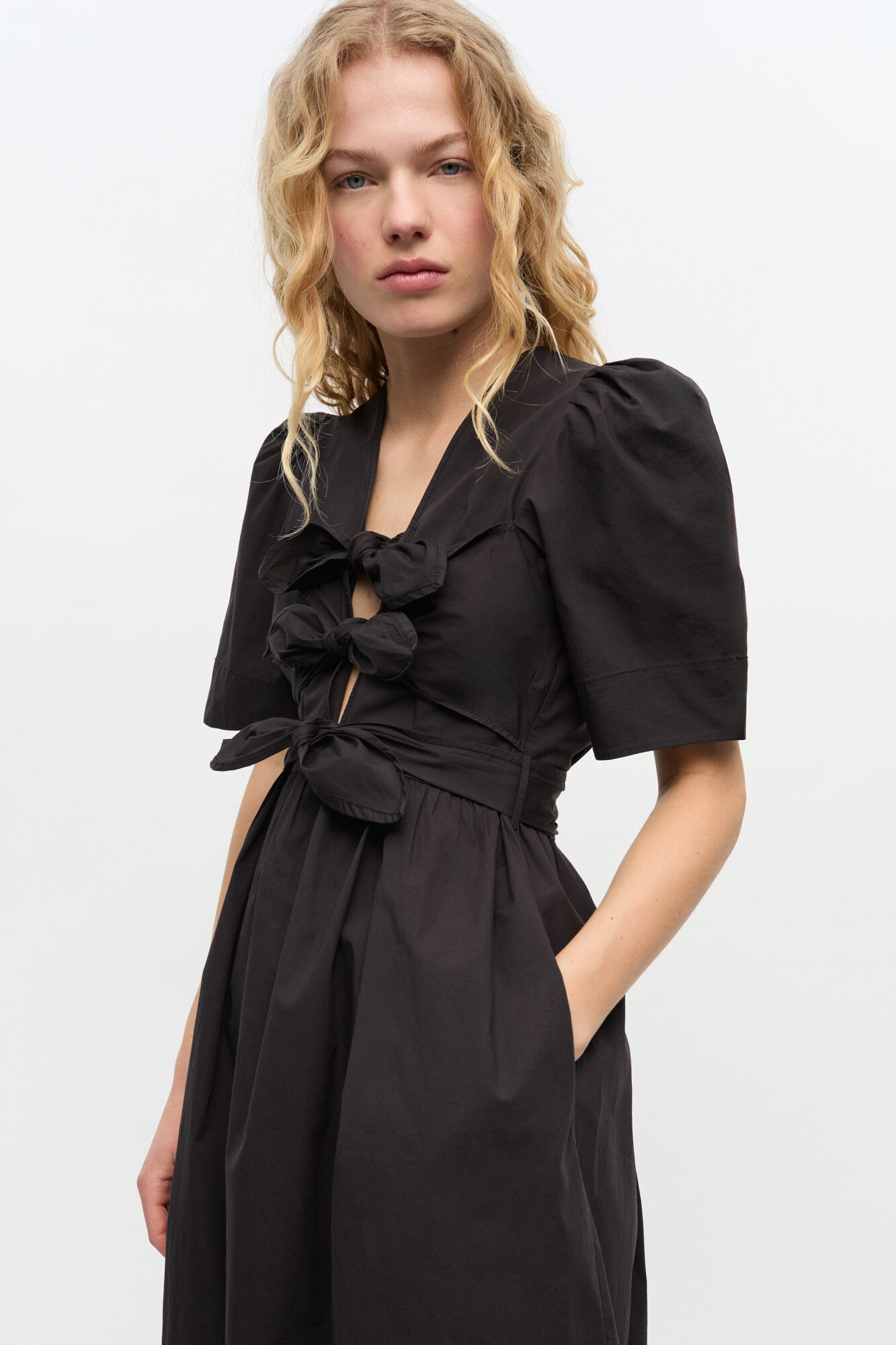 BLACK STRETCH COTTON DRESS - 5