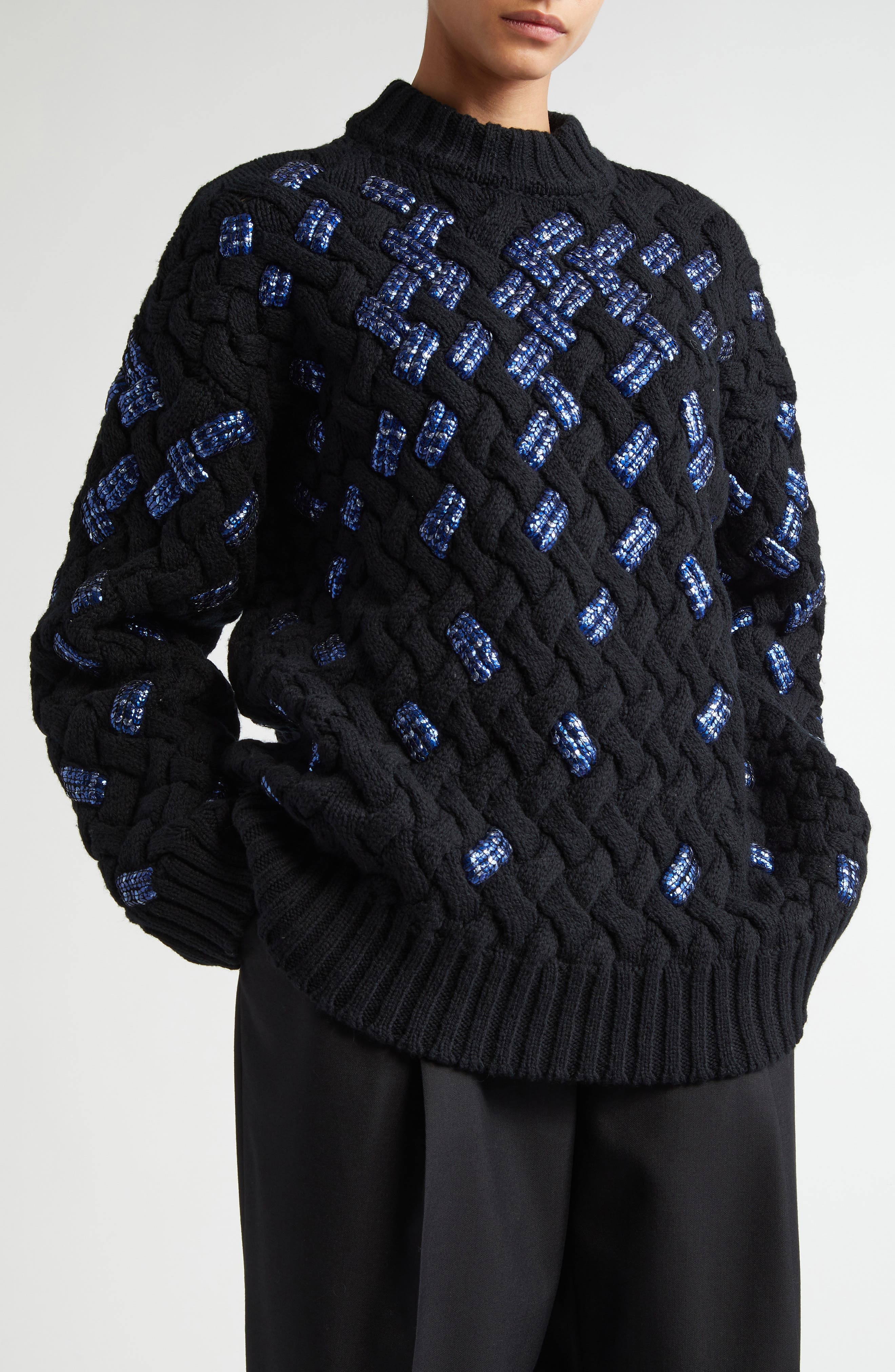 Dries Van Noten Embellished Virgin Wool Cable Knit Sweater in Black at Nordstrom - 5