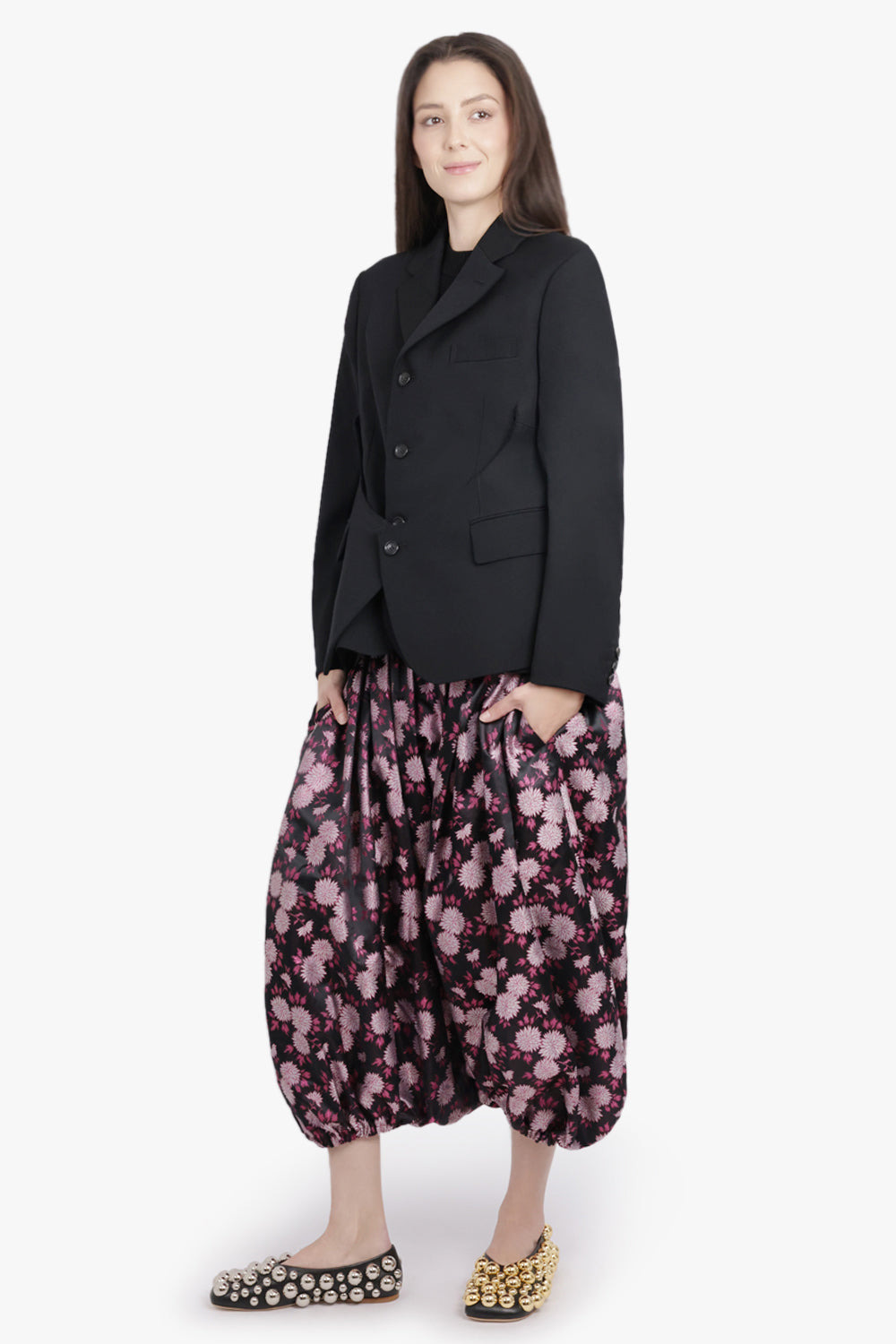 FLORAL PRINT ELASTIC WAIST DROP CROTCH CROP PANT | BLACK/PINK - 7