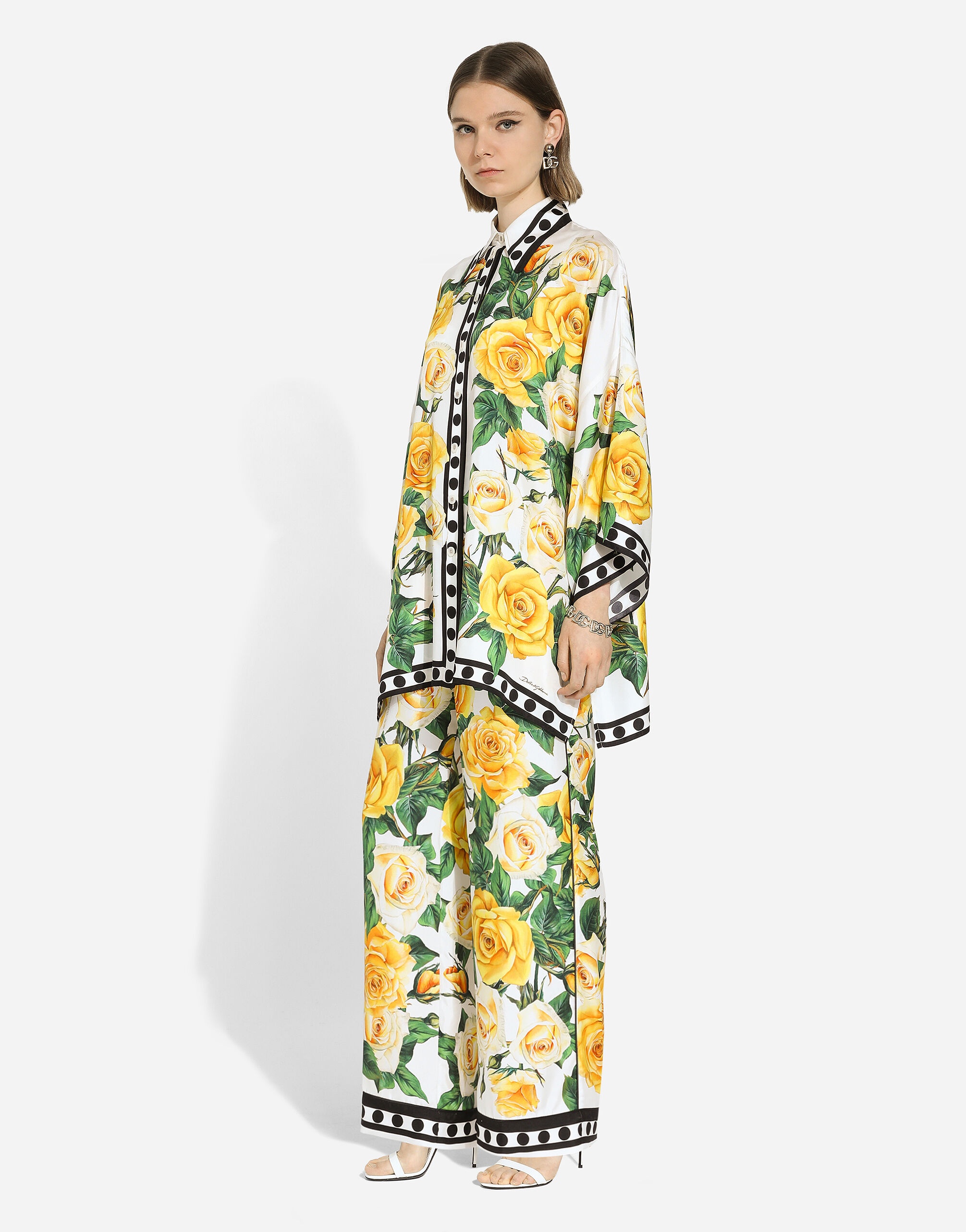 Silk pajama pants with rose print yellow - 5
