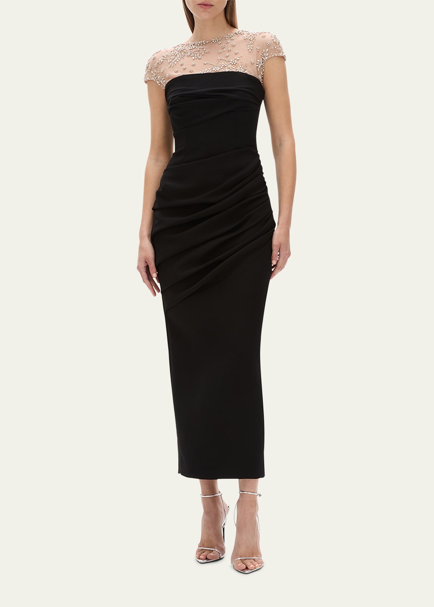 Dottie Floral Crystal Sheer Draped Dress - 2