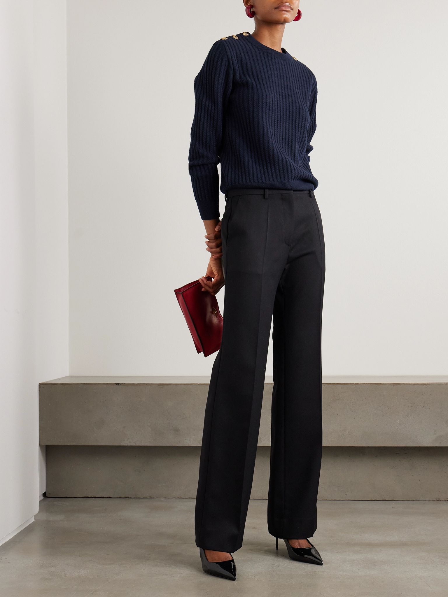 Highland button-detailed cable-knit wool and cashmere-blend sweater Navy - 2