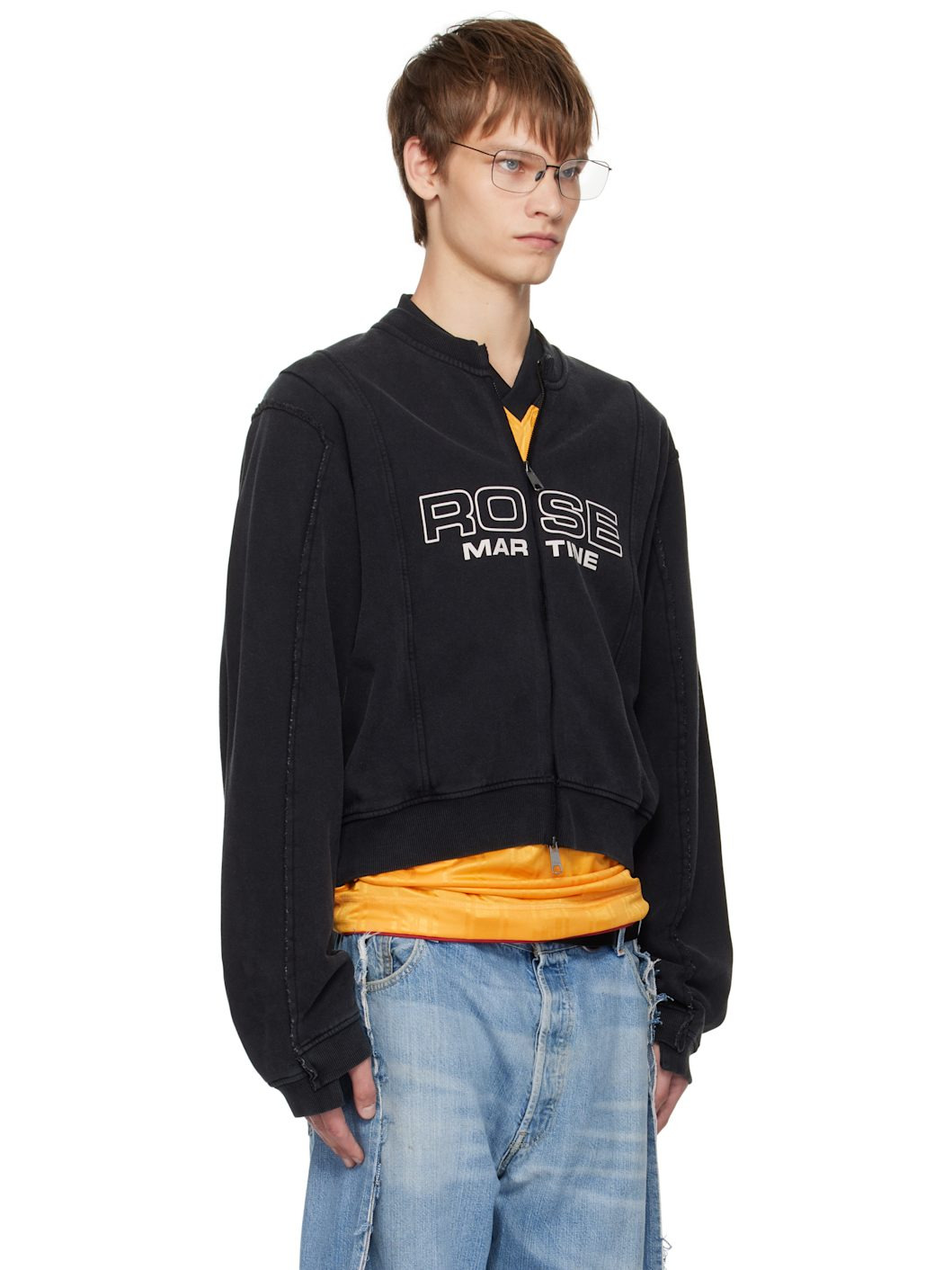 Black Shrunken Zip Up Crew Sweatshirt - 2