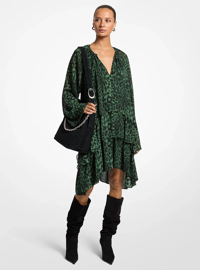 Ruffled Leopard Print Georgette Hi-Low Dress - 1