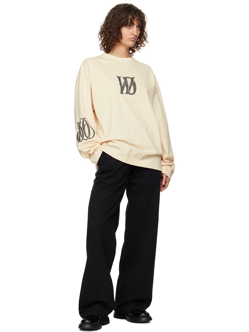 Beige Letter Logo Print Long-Sleeved T-shirt - 4