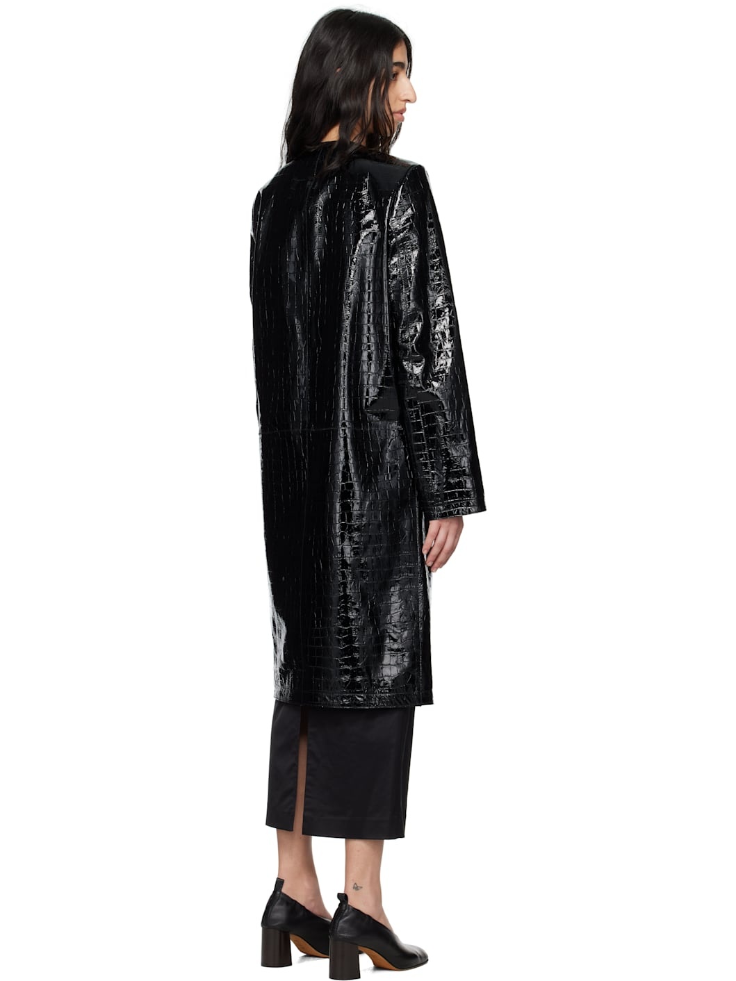 Black Croco-Embossed Leather Coat - 3